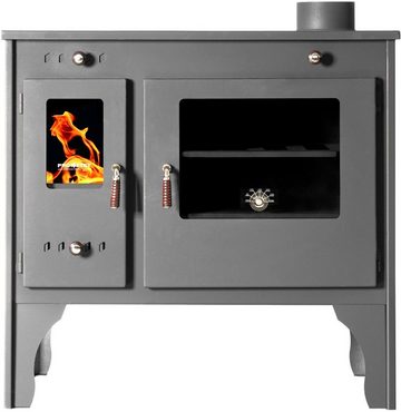 Prometey Kaminofen mit Backfach und Herdplatte Retro Eco Schwarz Rechts Holzofen Kamin, 7,00 kW, Dauerbrand und Zeitbrand geeignet, zum Kochen & Backen ohne Strom