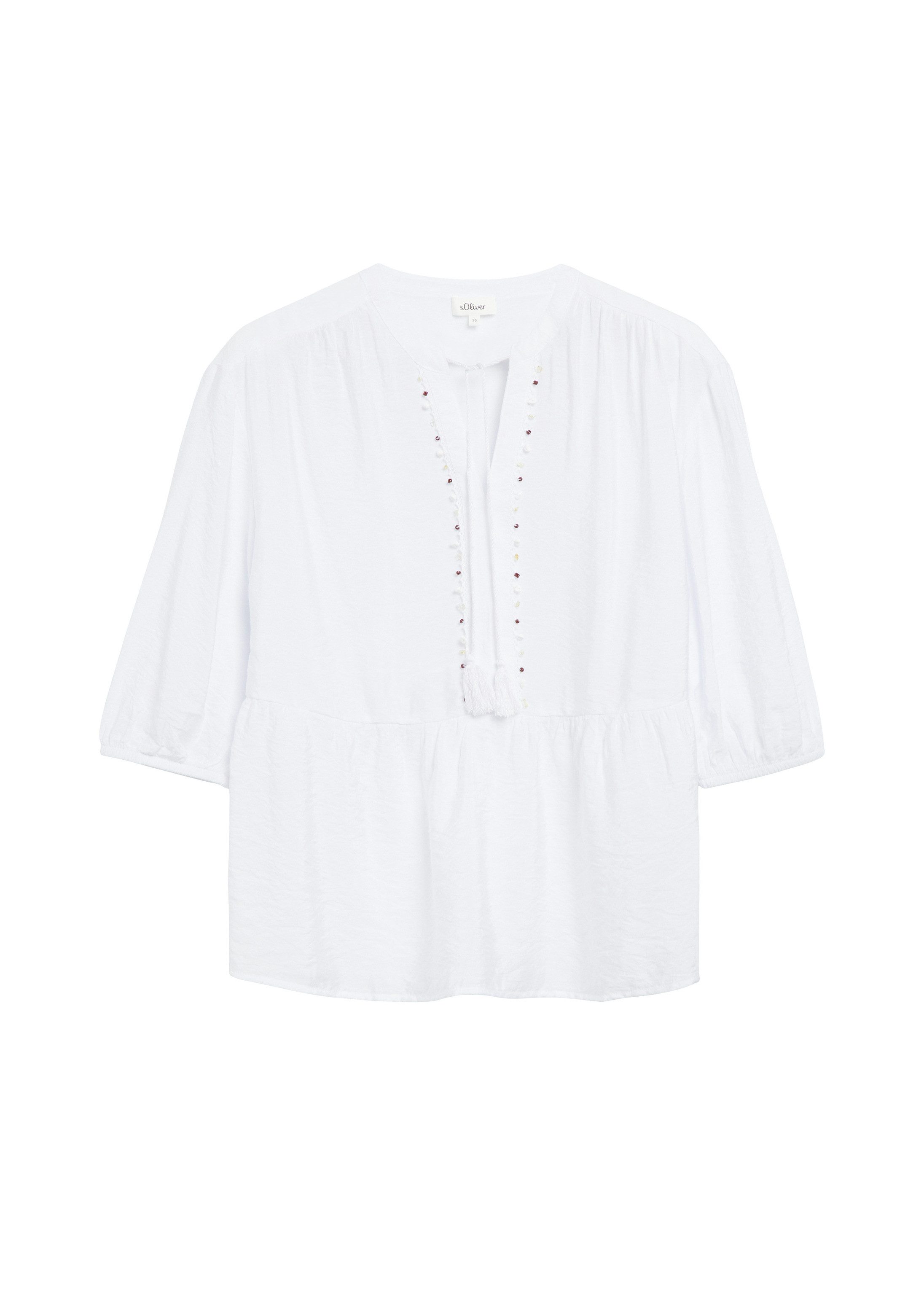 s.Oliver Kurzarmbluse Bluse Viskosemix-Bluse mit Saumvolant und Schmucksteinen