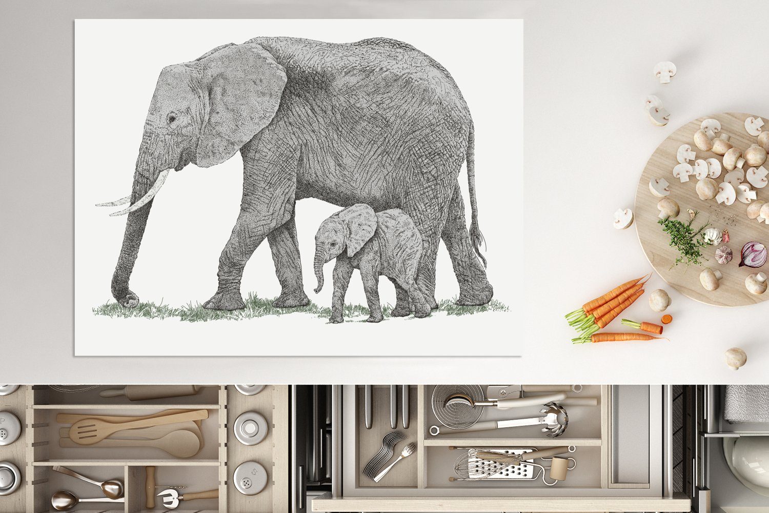 cm, tlg), - (1 Arbeitsfläche - MuchoWow Illustration Elefant nutzbar, 70x52 Vinyl, Baby, Ceranfeldabdeckung Mobile Herdblende-/Abdeckplatte