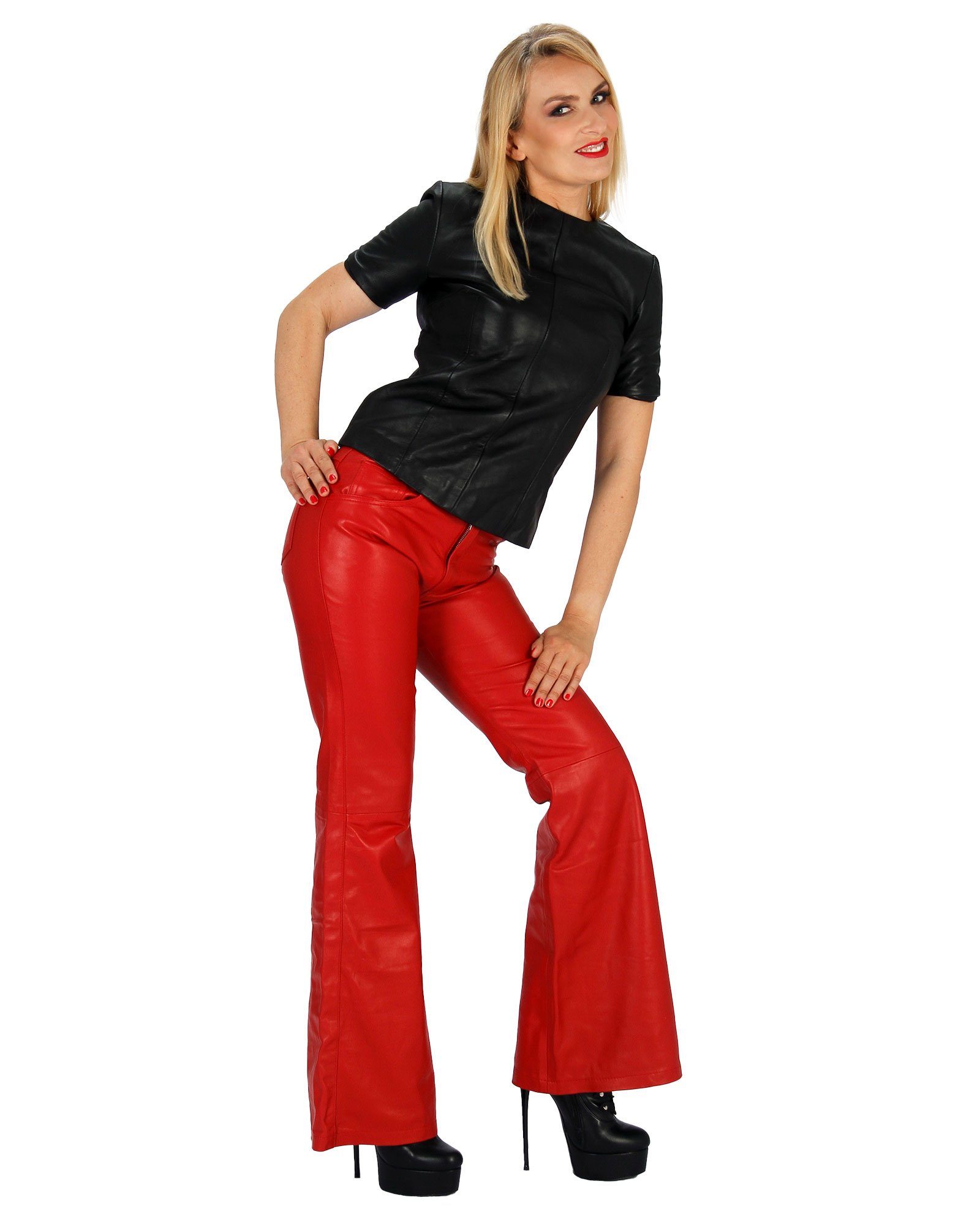 Lamm Lederhose echtem Style Fetish-Design Ausgestelltes 5-Pocket Bootcut Leder Lederhose Rot aus Nappa Bein