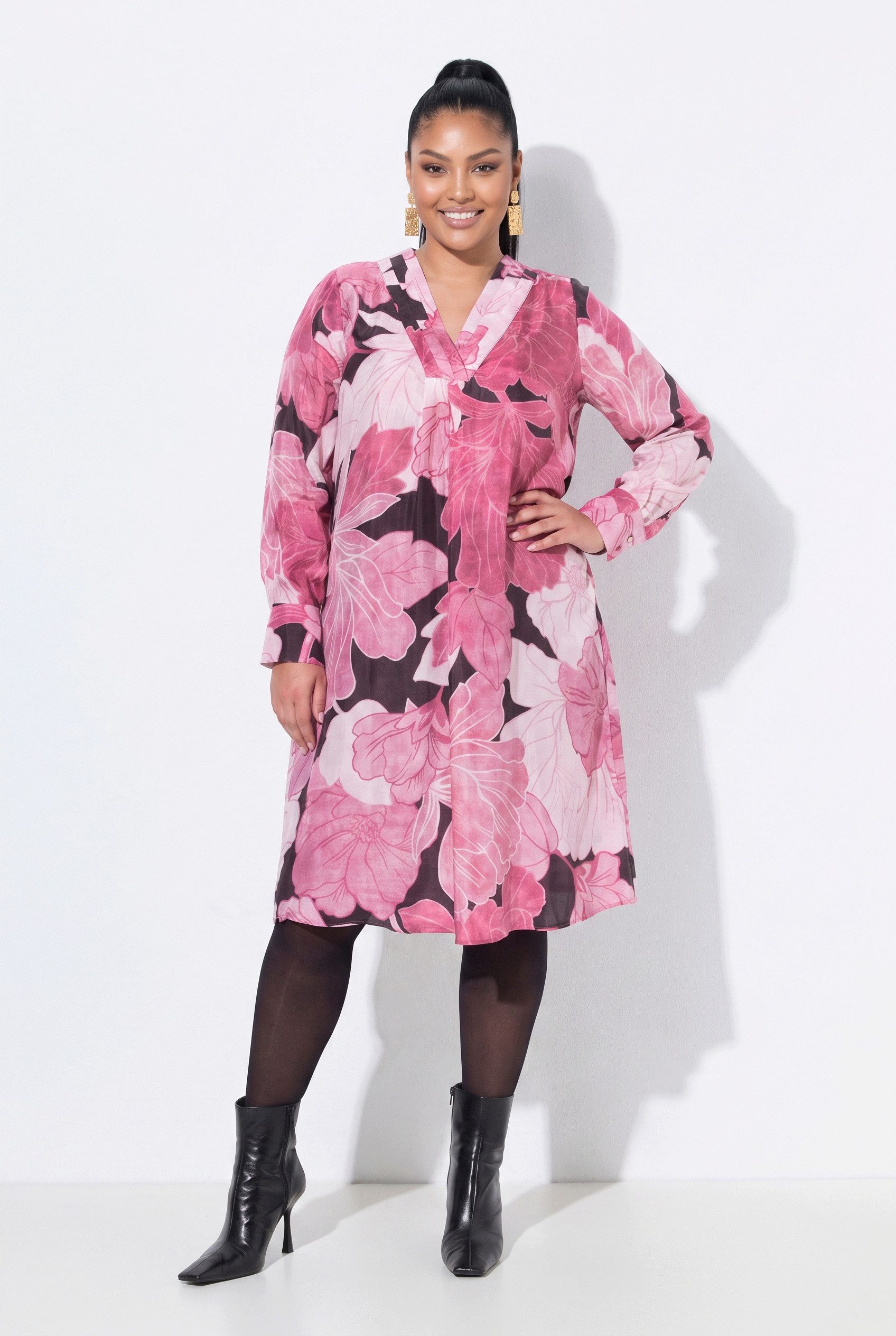 Ulla Popken Midikleid Kleid Cupro-Mix Blüten V-Ausschnitt Langarm