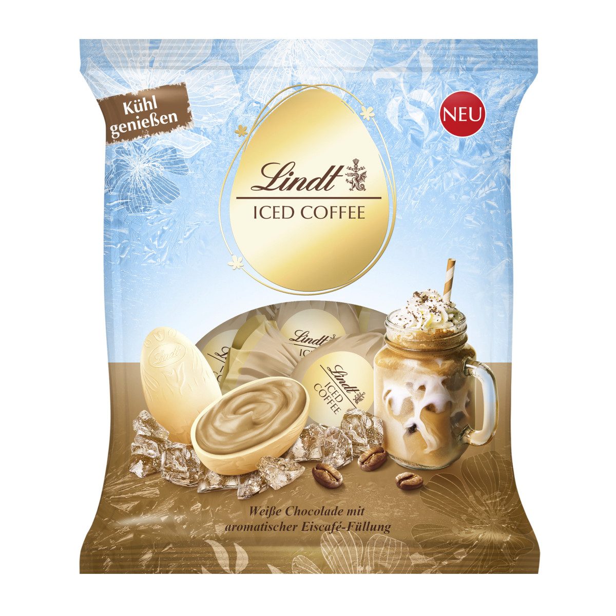LINDT Schokolade, Lindor gefüllte Iced Coffee Eier mit weiße Schokolade umhüllt 90g