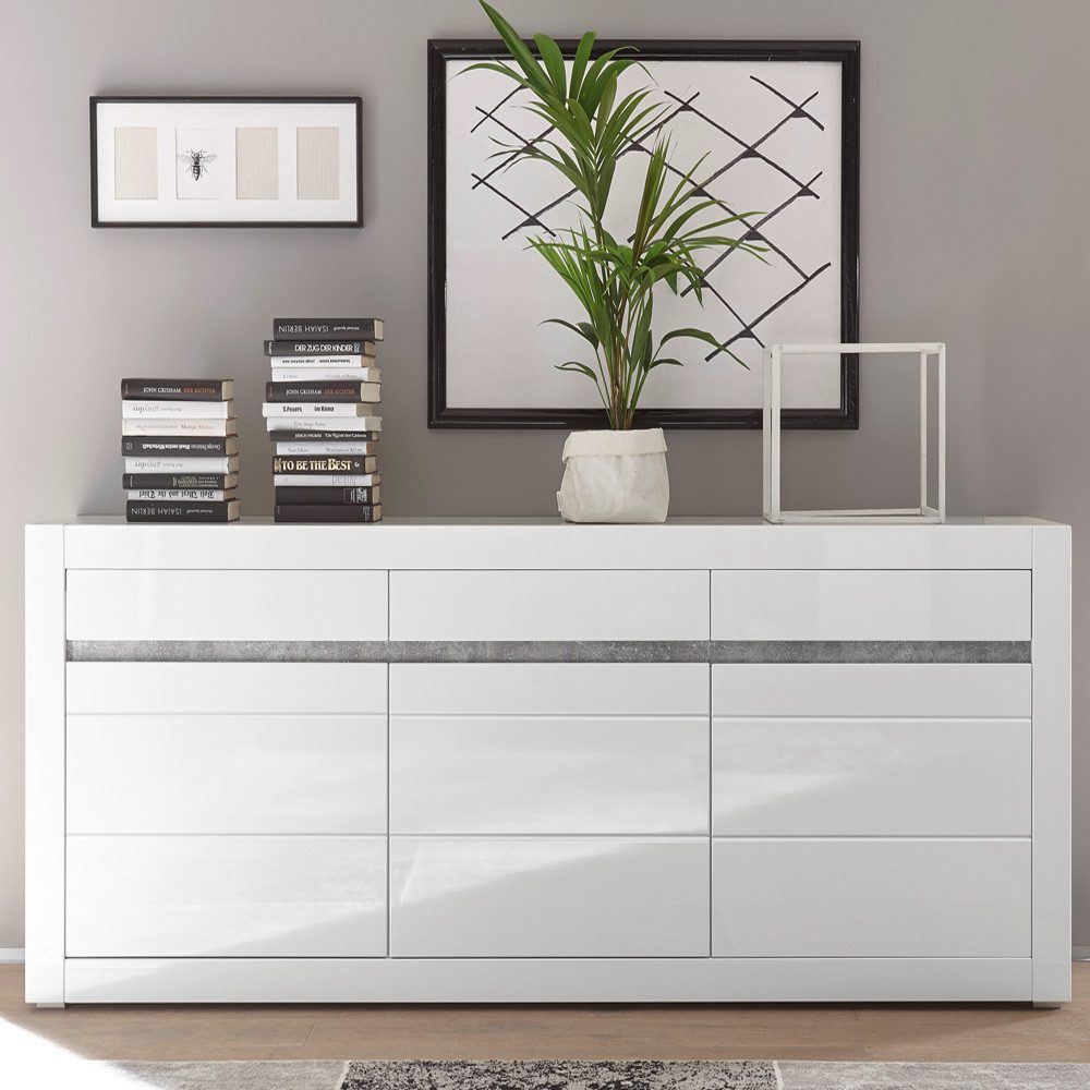 Lomadox Sideboard COGO-61, Sideboard in Hochglanz weiß mit Griffmulden in Betonoptik 217x90x42cm