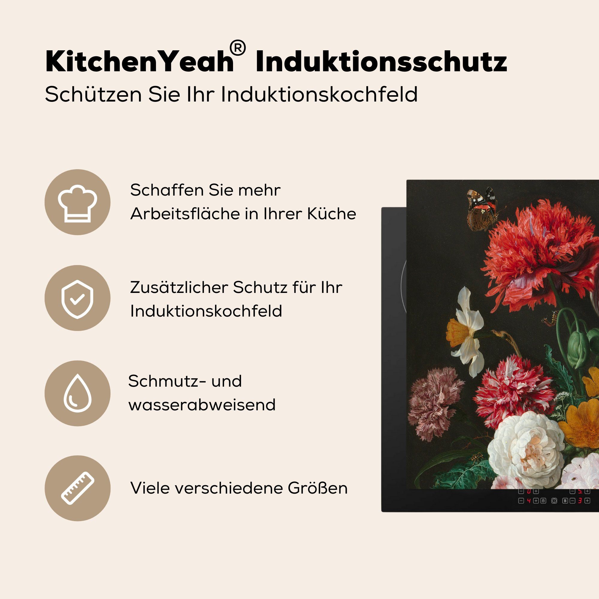 Glasvase 59x52 Vinyl, Jan Davidsz. für - in Ceranfeldabdeckung von tlg), einer Herdblende-/Abdeckplatte Blumen die de, (1 küche, Induktionsmatte Stilleben MuchoWow mit Gemälde cm,