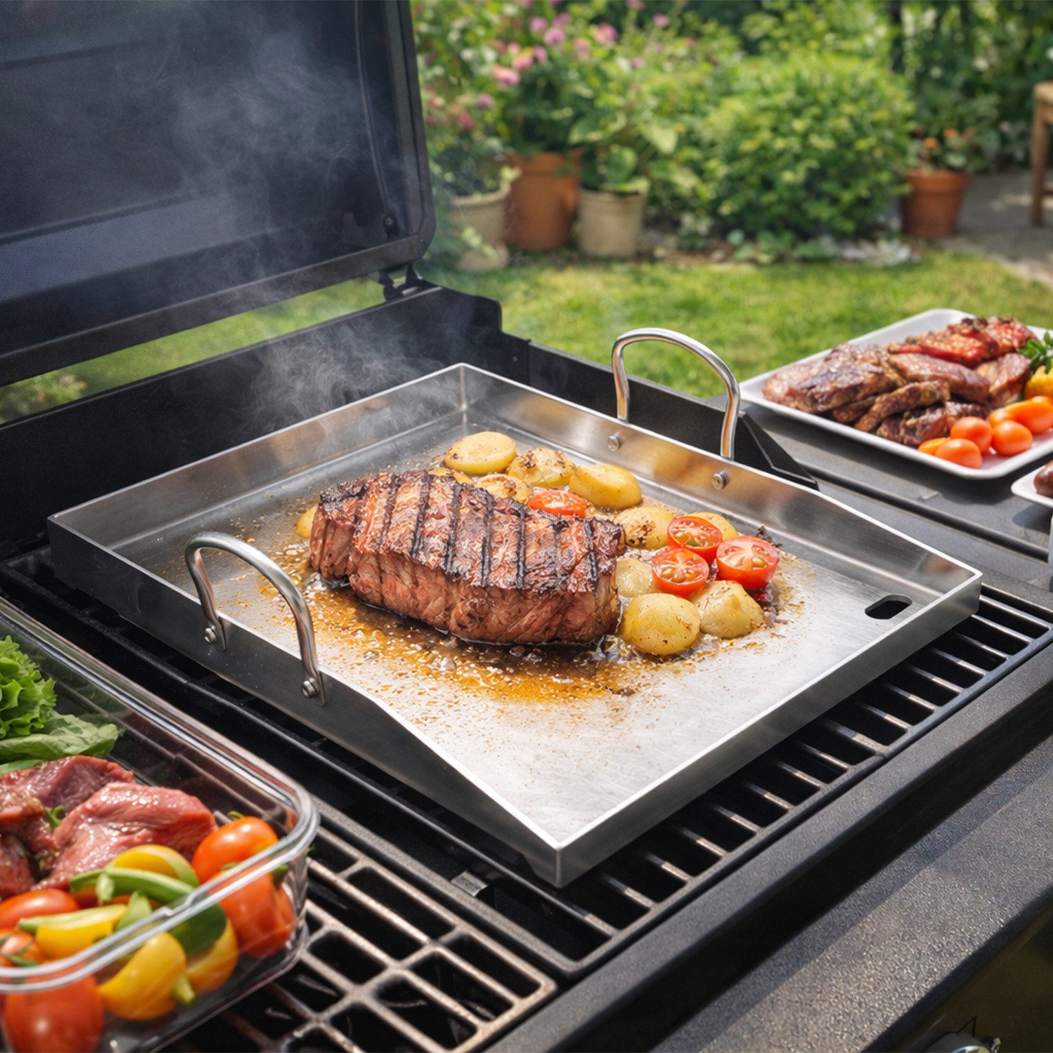 Clanmacy Grillplatte Edelstahl 40×30 cm Plancha mit Fettrinne für Gas- und Holzkohlegrill