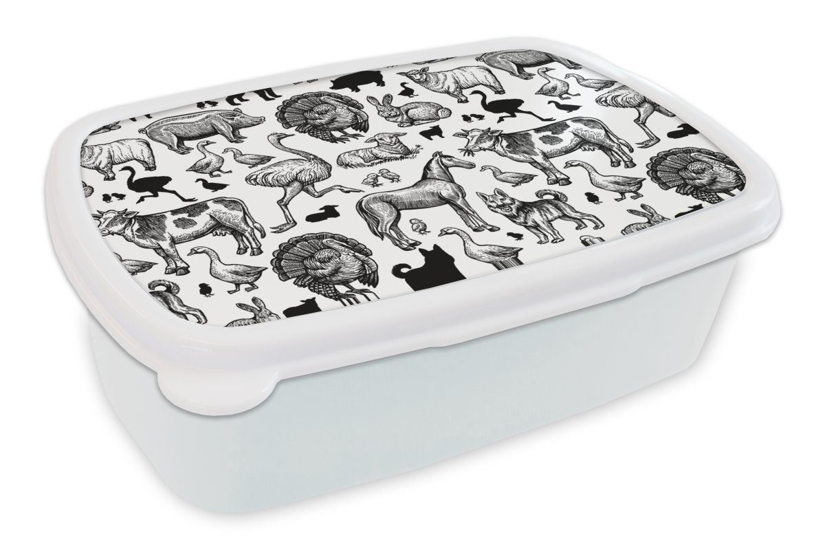 MuchoWow Lunchbox Muster - Tiere - Schwarz und weiß, Kunststoff, (2-tlg), Brotbox für Kinder und Erwachsene, Brotdose, für Jungs und Mädchen
