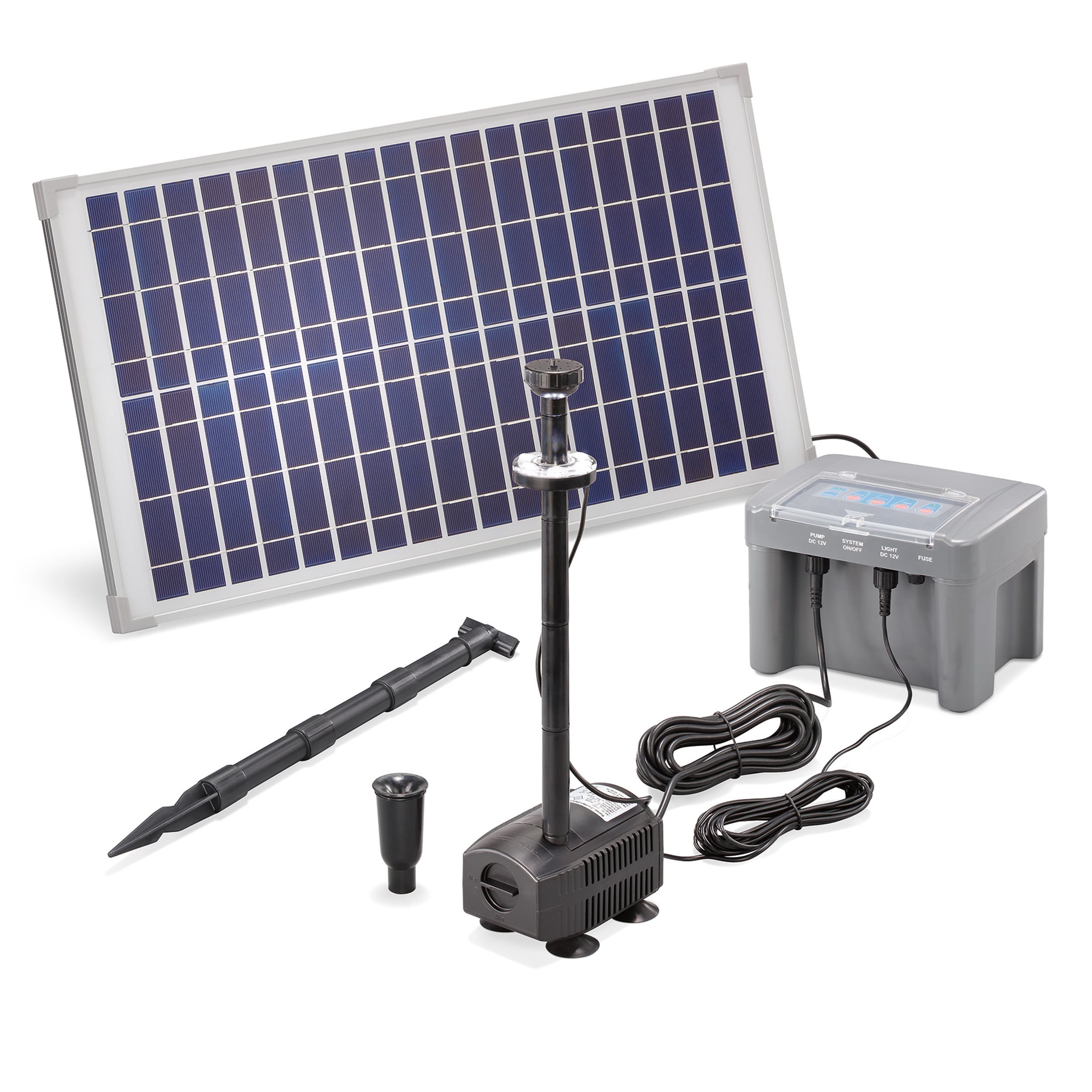 esotec Solarpumpe 25/650 Teichpumpen-Set 650l/h, Akku, LED-Licht, 25Wp Solarmodul 101925 (Komplettset)