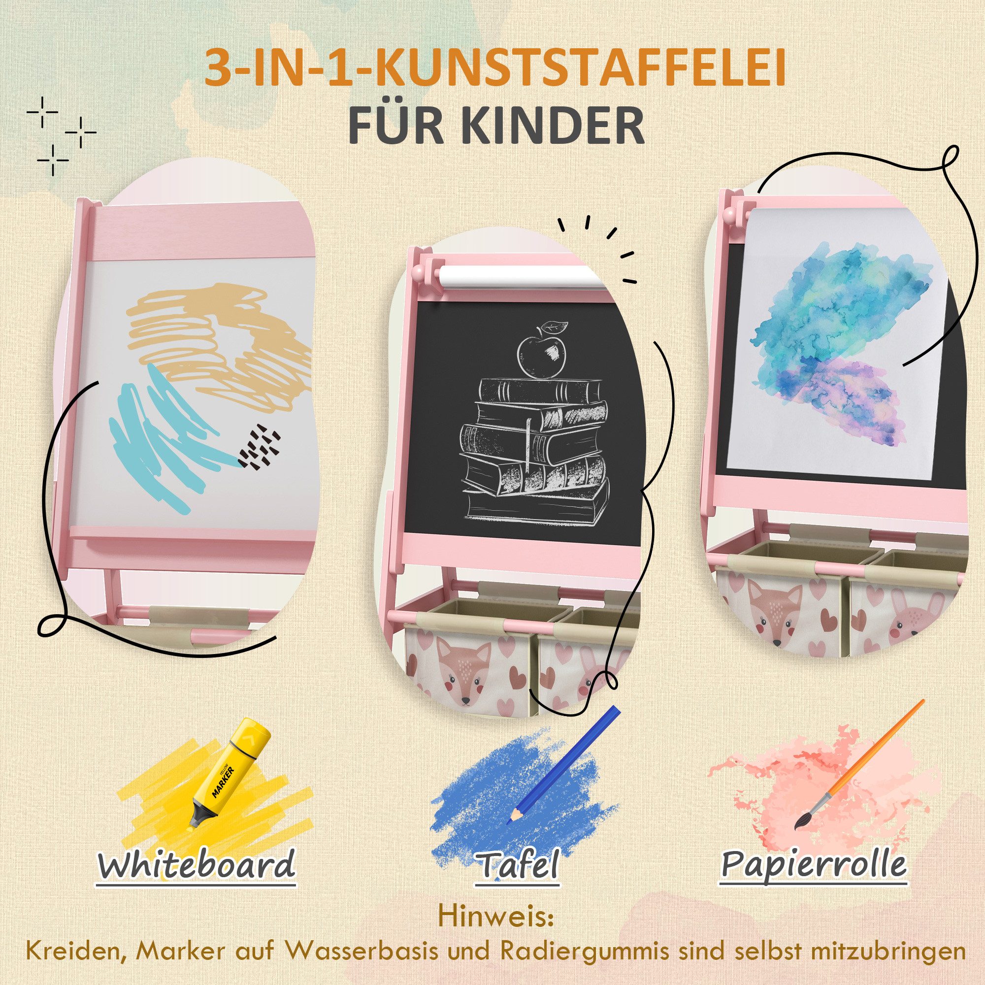 AIYAPLAY Tafel Staffelei Kindertafel Whiteboard mit Papierrolle inkl. Zubehör, (Standtafel, 1-tlg., Kinder Spieltafel), Rosa 54 x 46,5 x 93 cm – Bild 5 von 5