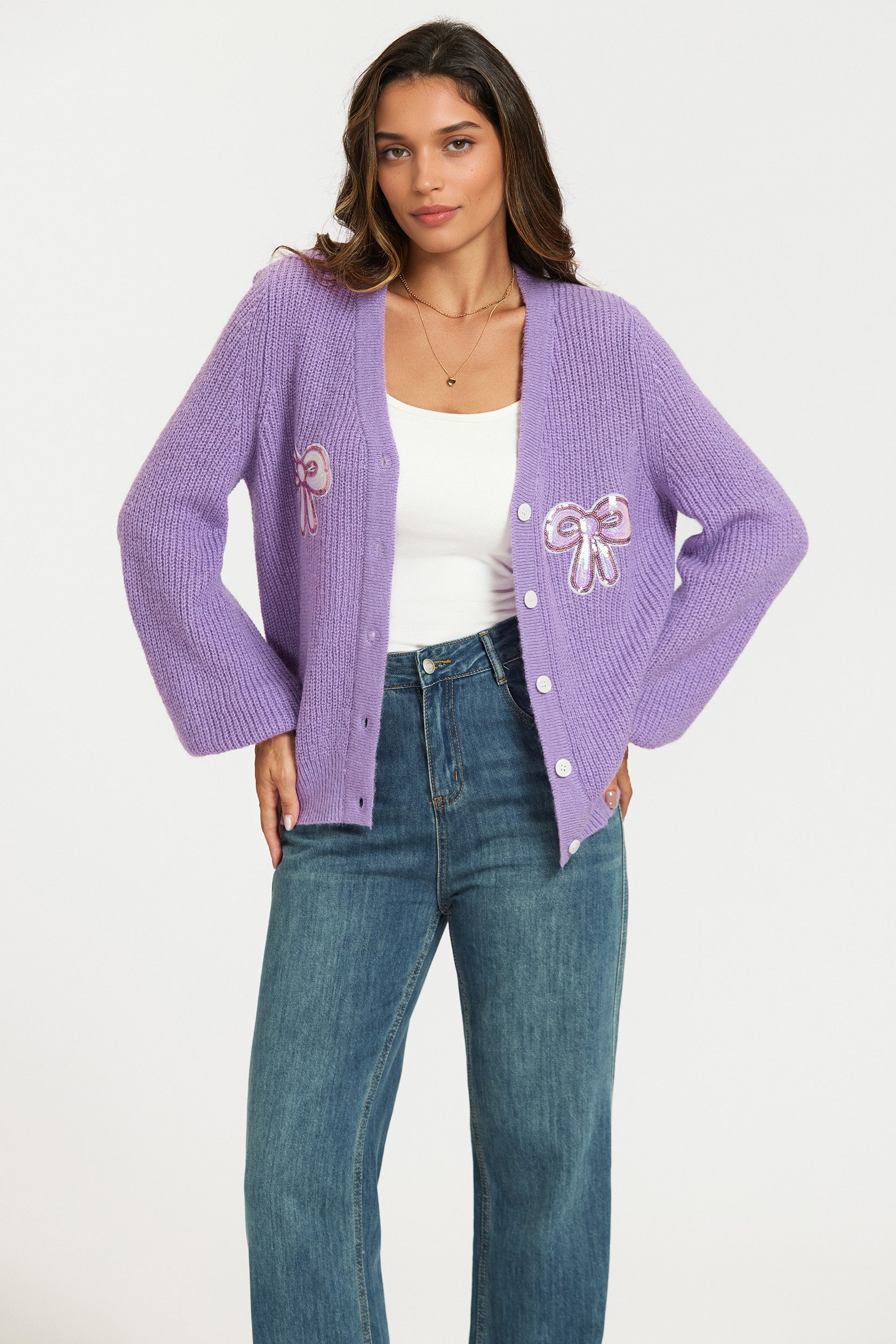 FS Collection Cardigan Damen Lila Strickjacke Cardigan mit Pailletten Schle günstig online kaufen