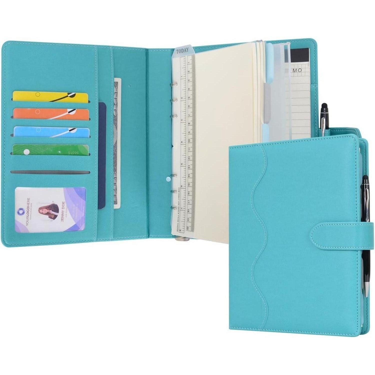 Ringbuchmappe Tagebuch A5 Liniert PU Leder Nachfüllbar Ringbuch Stift Cyan