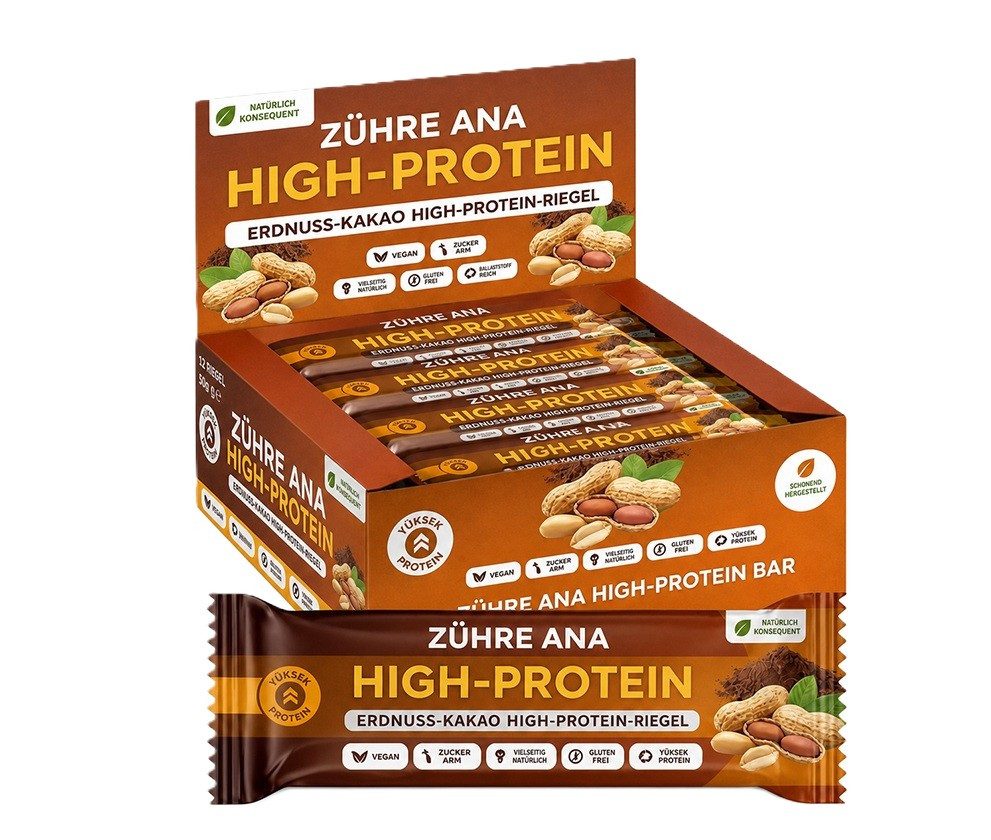 Zühre Ana® Riegel Erdnuss Kakao Proteinriegel 12x – Vegan, Glutenfrei, Zuckerfrei, 420 g, Proteinreicher, leckerer Snack, 35gr x 12 Stück