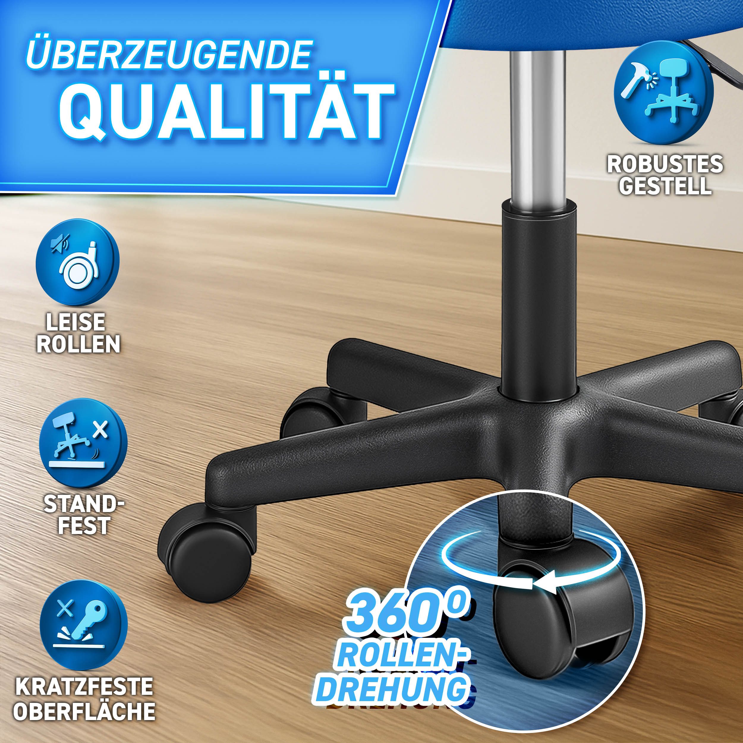 TRESKO Drehhocker Rollhocker höhenverstellbar, 10 cm Dicke Polsterung, Arbeitshocker Hocker 360° drehbar