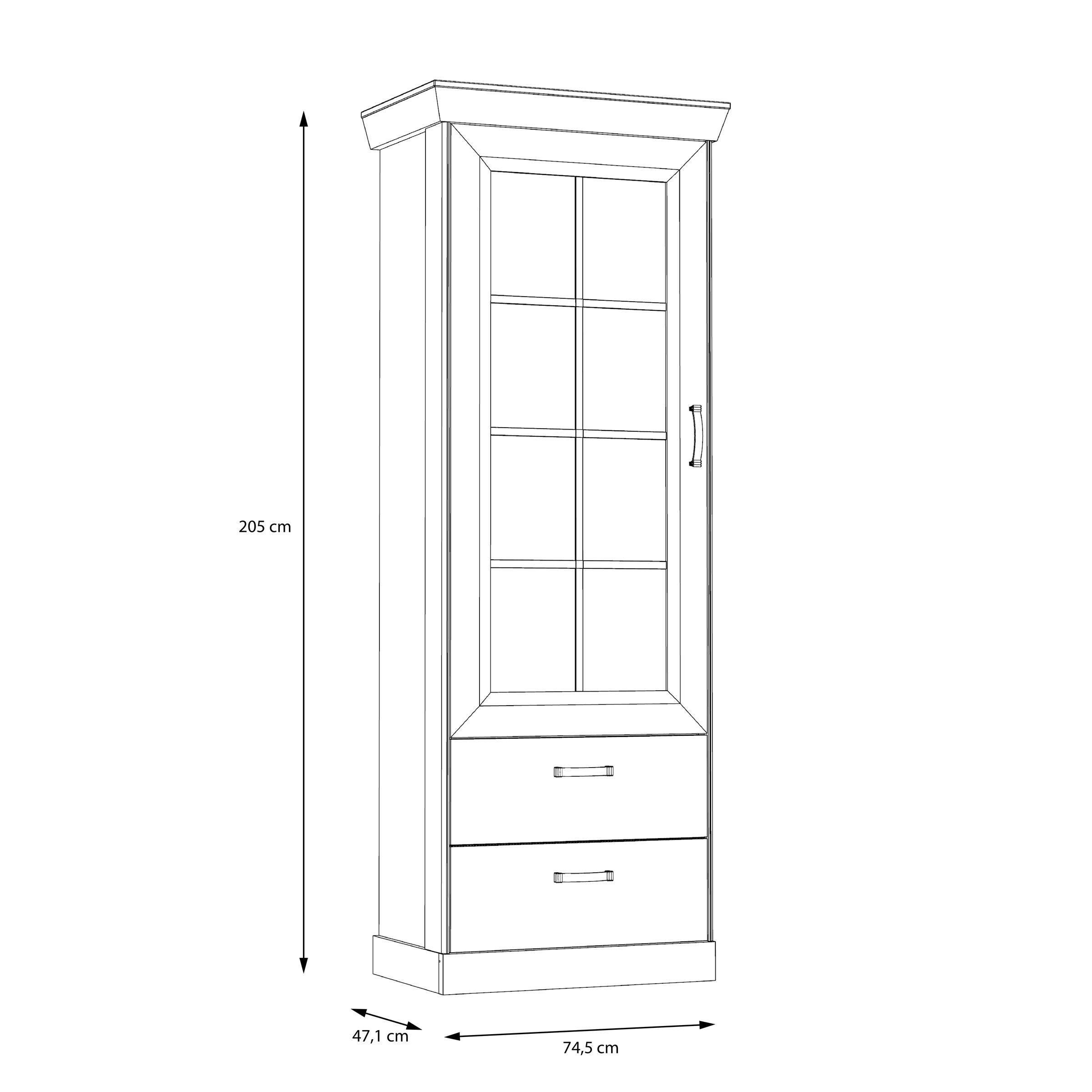 aus Tiefe Glas-/Holztür, Nachbildung mit 2 Höhe und 3 "Kalamaria 1 im Vitrine modernen Vitrine Vitrine 205,1 cm cm, Landhausstil Einlegeböden. Breite 47 II" möbelando 74,9 Spanplatte Schubkästen in Schneeeiche cm,