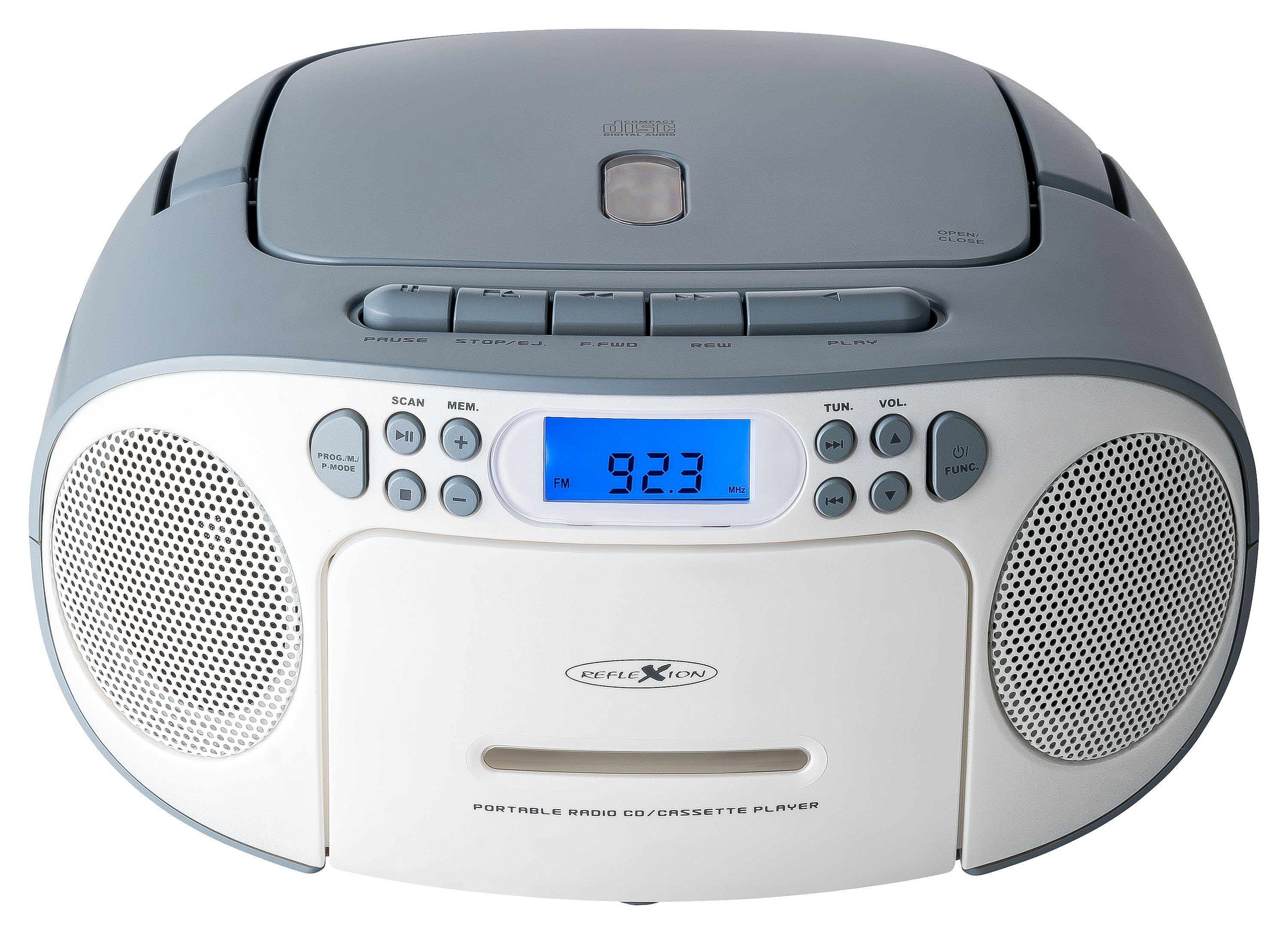 Radio, PLL LCD-Display, AUX-Eingang, Reflexion weiß/blau Boombox (UKW Tragbare Stereo Kopfhörer-Anschluss) CD/Radio/Kassette, RCR2260 W, 20 Boombox