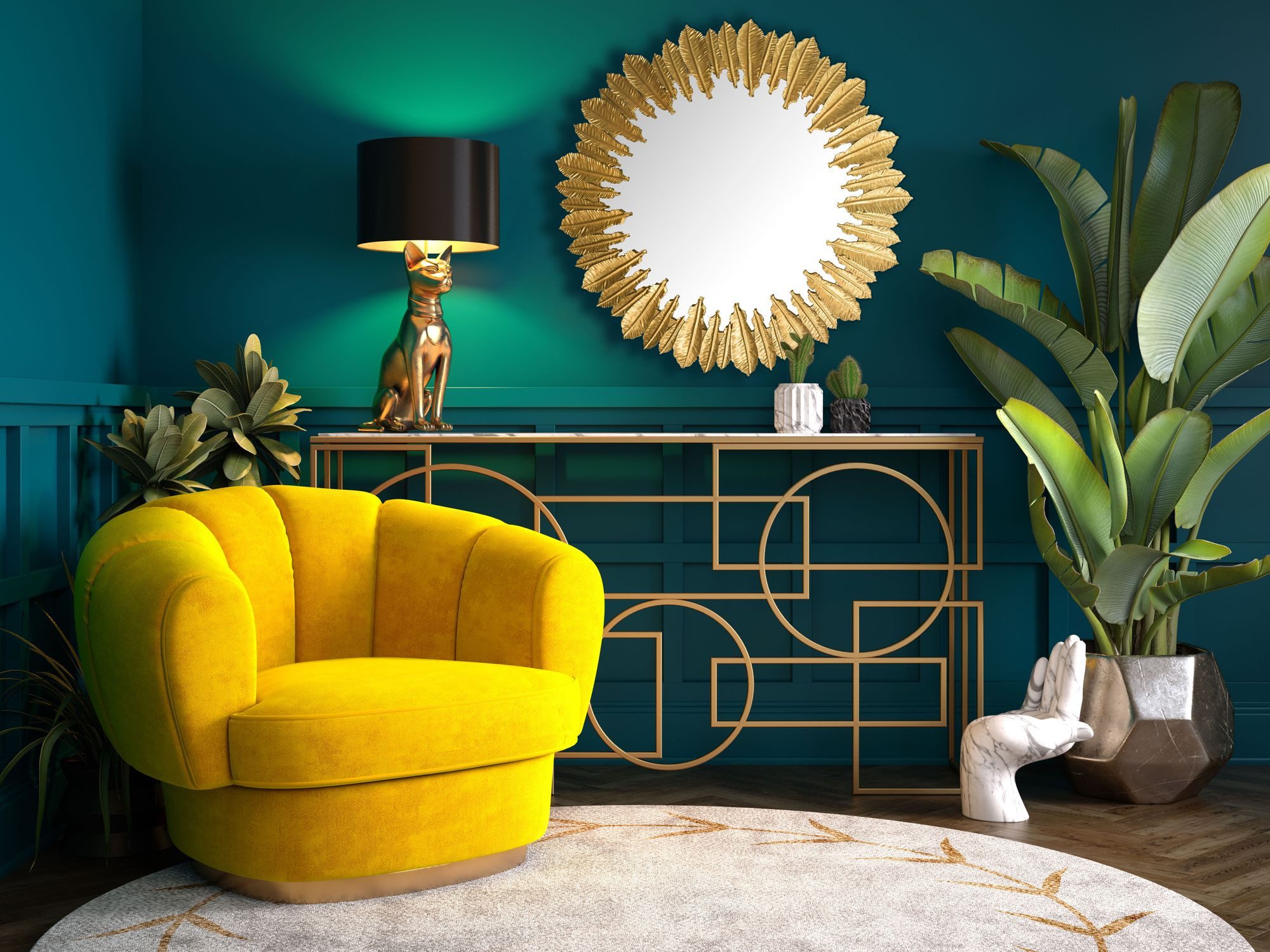 FINEBUY Wandspiegel Flurspiegel Federn Metall 68 cm Spiegel Flur Hängespiegel FB102186 (Hängespiegel Modern, Flurspiegel Garderobenspiegel), Gold Metall 68 cm, Dekospiegel Wand Federn Rund