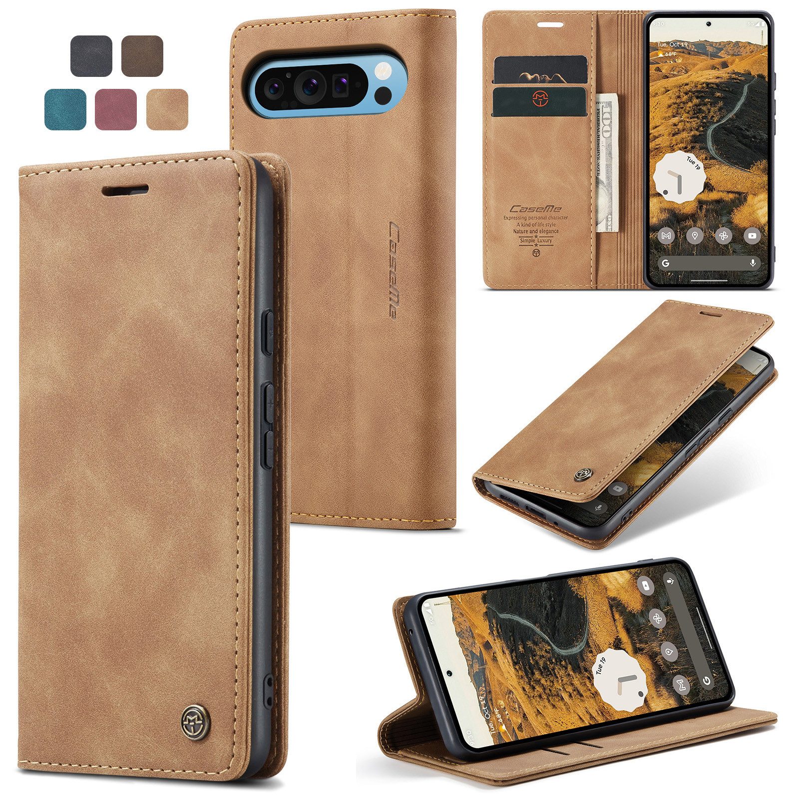 CaseMe Handyhülle Hülle für Google Pixel Klapphülle Google Pixel 9 Pro XL Hellbraun