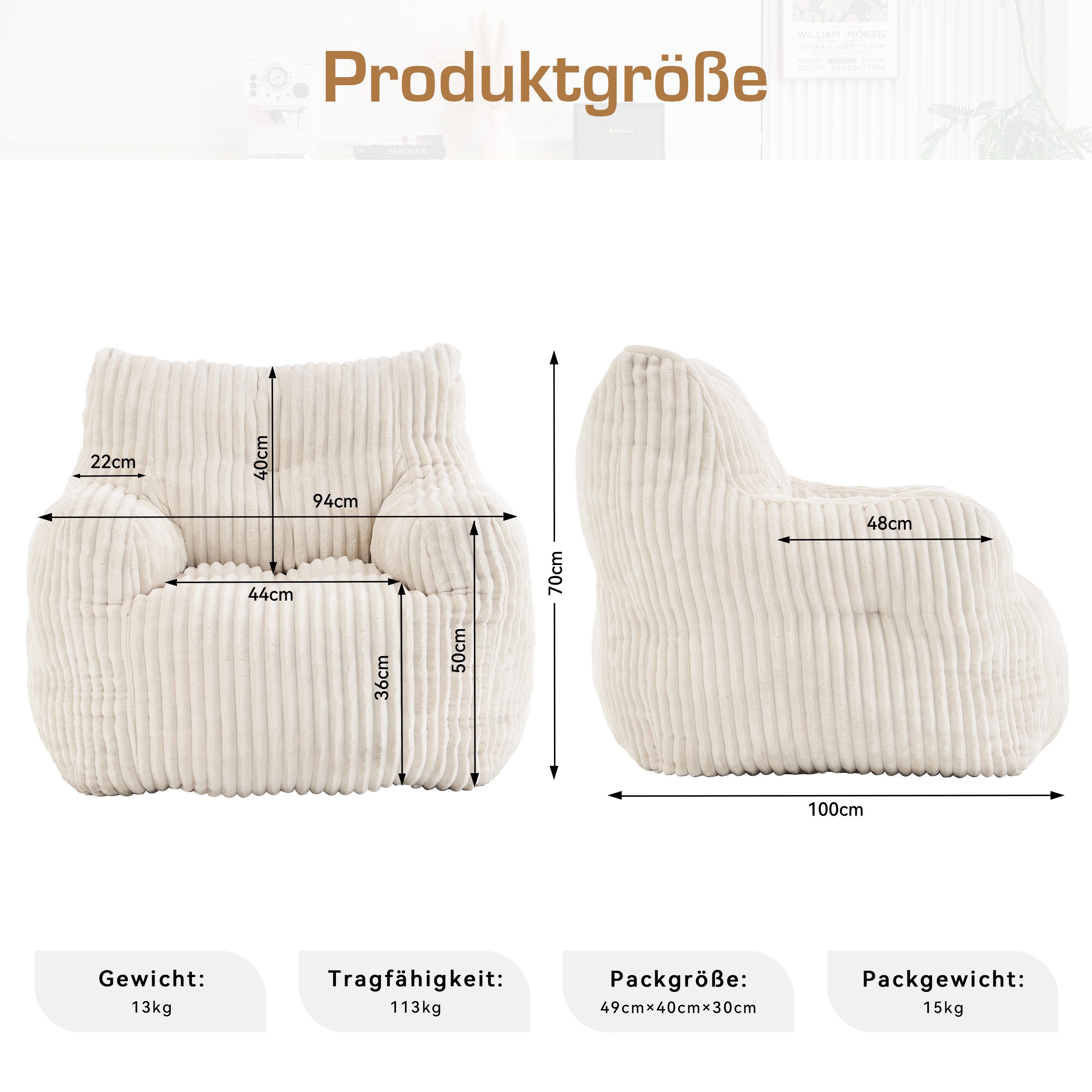 BlingBin Sitzsack Loungesessel mit Memory-Schaum-Füllung (1 St., Sessel aus Cord, ergonomischer Bodensessel mit Armlehnen), für Wohnzimmer und Schlafzimmer
