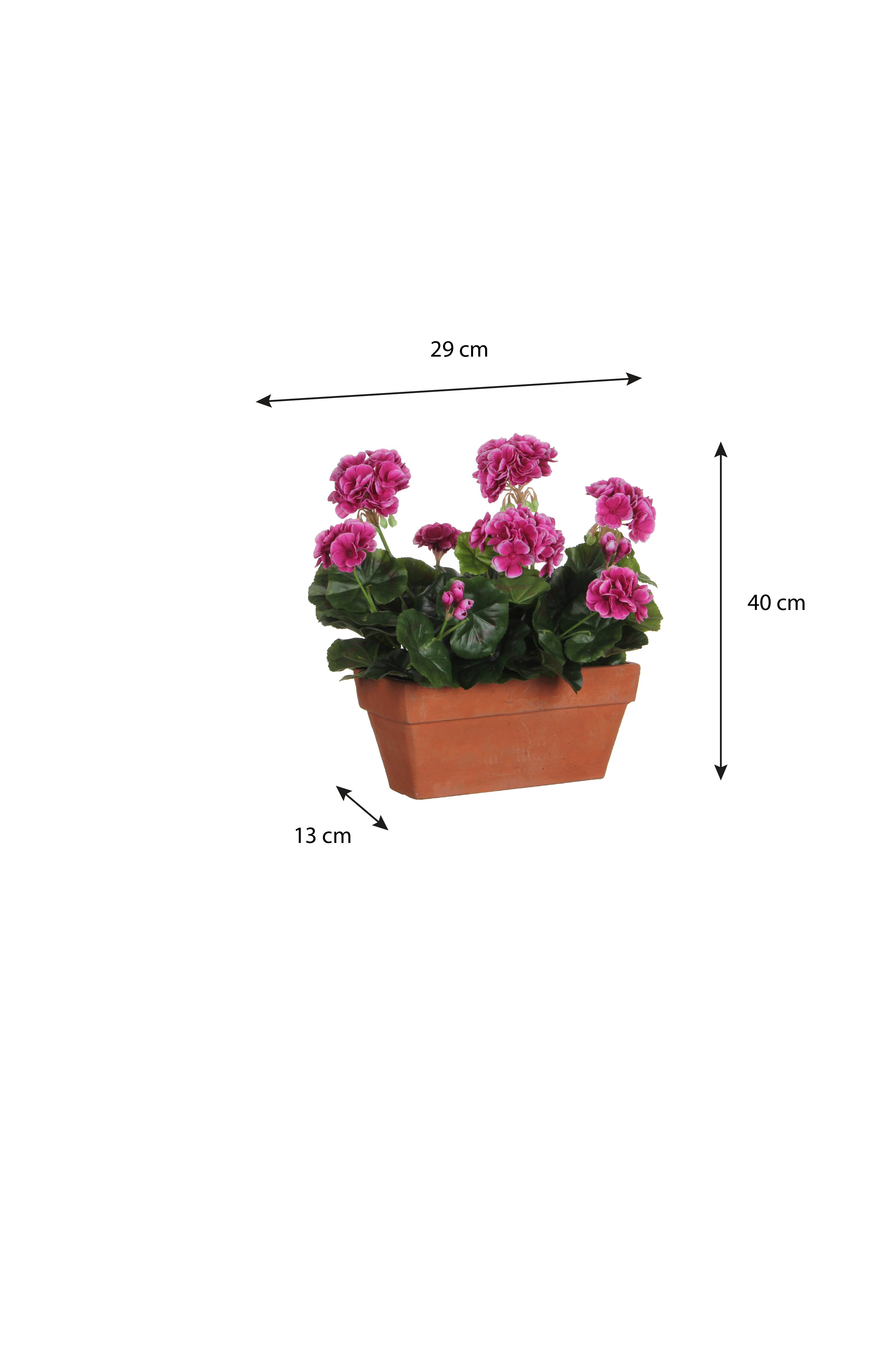 Kunstpflanze Mica Decorations Geranium violett in Balkonkaste terra - l29xb13xh40cm, Mica Decorations, Höhe 40 cm