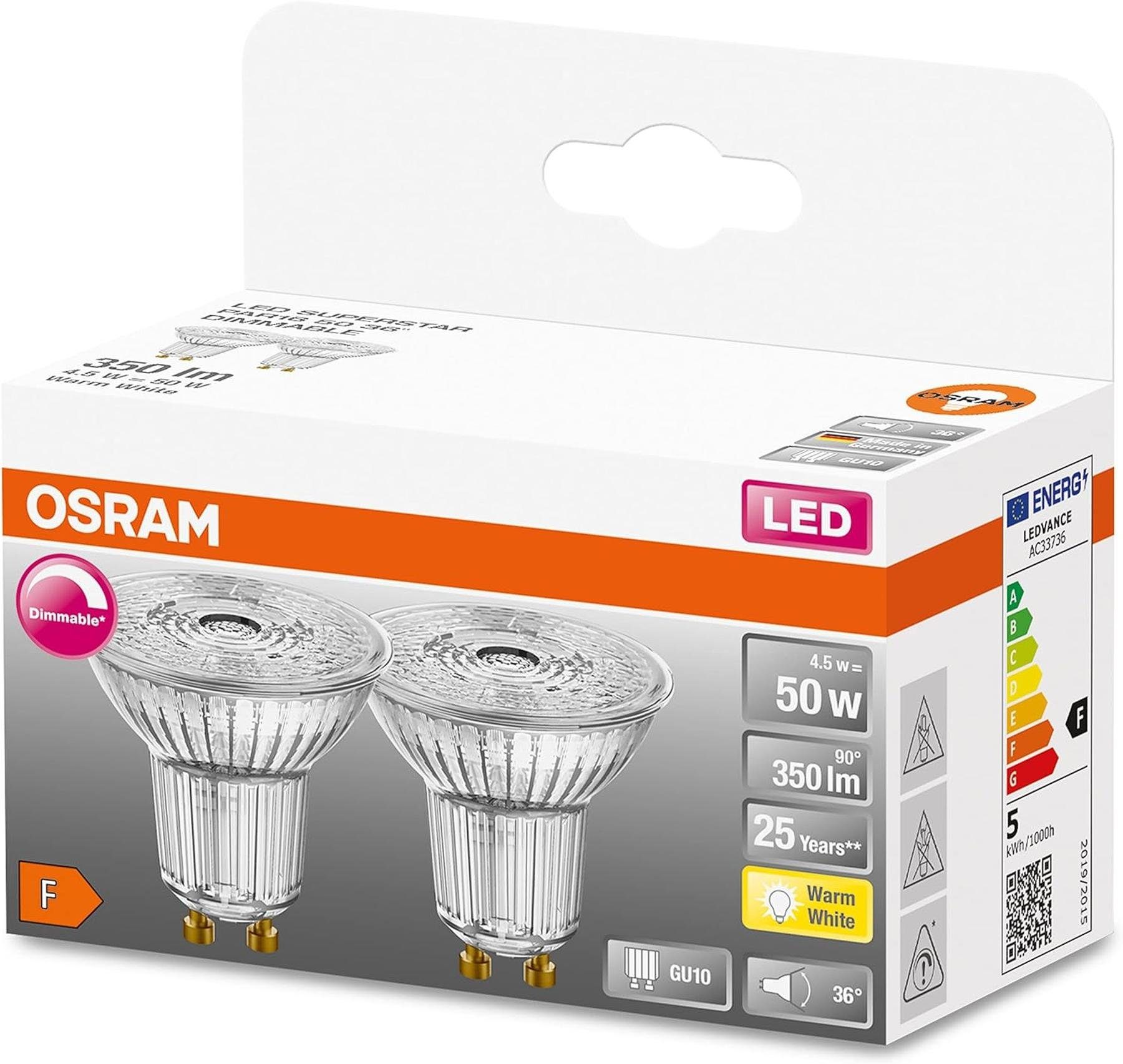 Warmweiss, GU10, Leuchtmittel LED-Leuchtmittel Lampe 50W OSRAM-Dimmbare-PAR16-LED-Reflektorlampe-mit-GU10, Osram Doppel-Pack 2700K