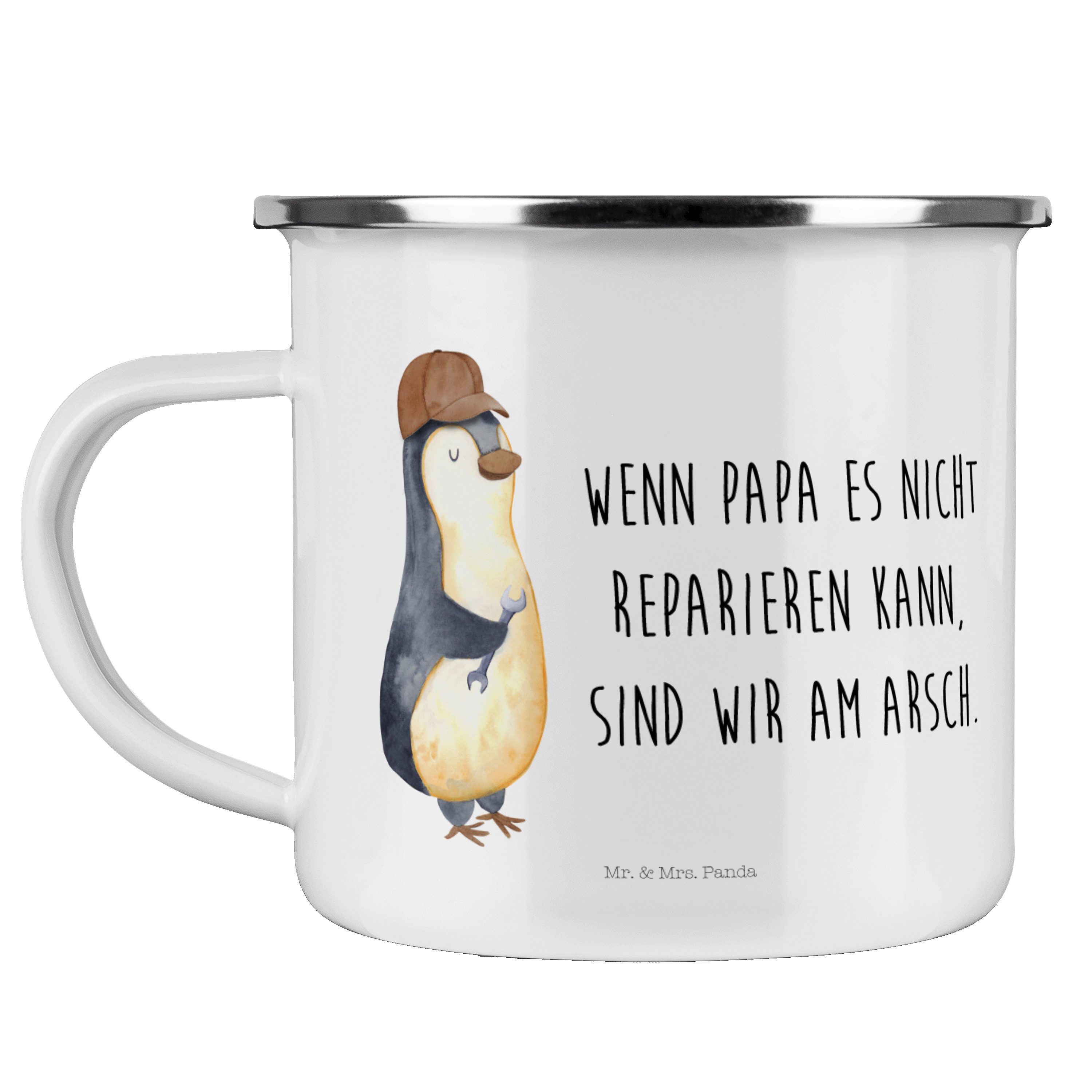 Mr. & Mrs. Panda Becher Pinguin mit Schraubenschlüssel - Weiß - Geschenk, Selbstliebe, Kaffee, Emaille