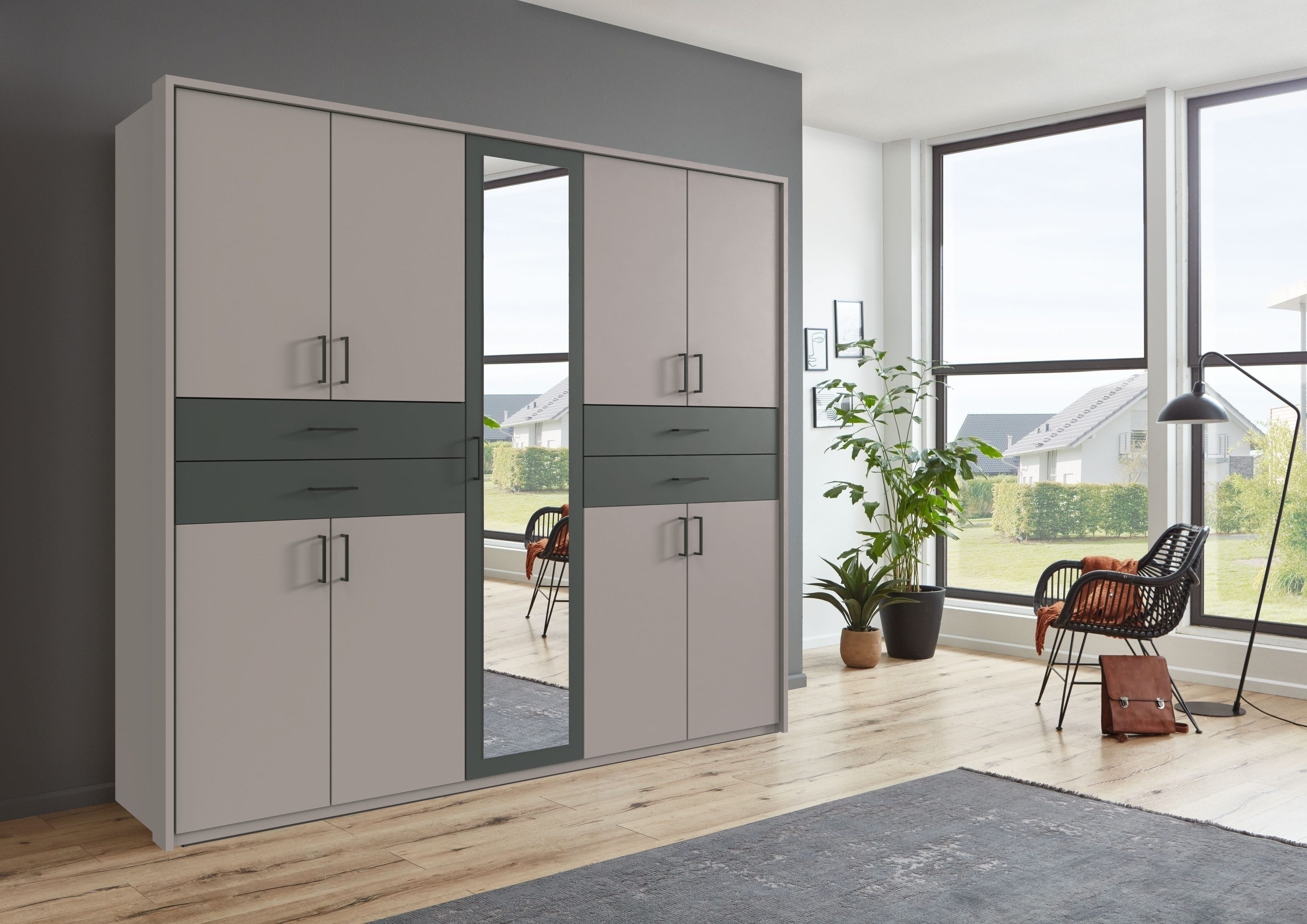 freiraum Drehtürenschrank Taiga 4 Schübe, 9 Türen, Saharagrau / Graphit - 225x208x58cm (BxHxT)