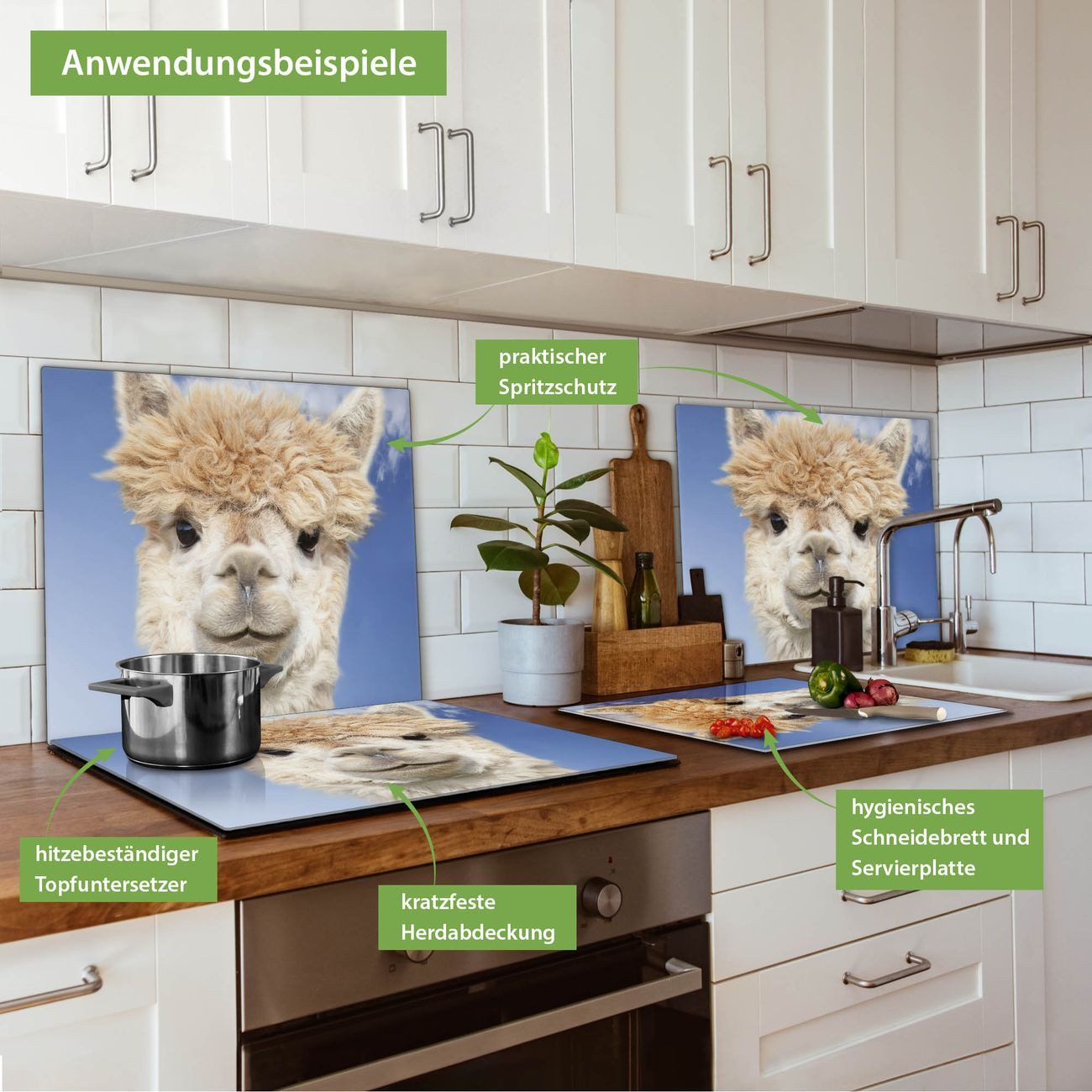 banjado Herd-Abdeckplatte einteilig aus Glas mit Motiv Lama, (gehärtet, 1 tlg., inkl. selbstklebende Gummifüßchen)