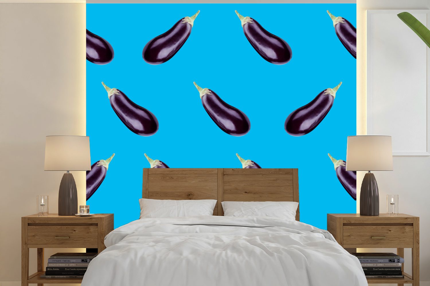 MuchoWow Fototapete Gemüse - Aubergine - Muster - Blau, Matt, bedruckt, (5 St), Vinyl Tapete für Wohnzimmer oder Schlafzimmer, Wandtapete