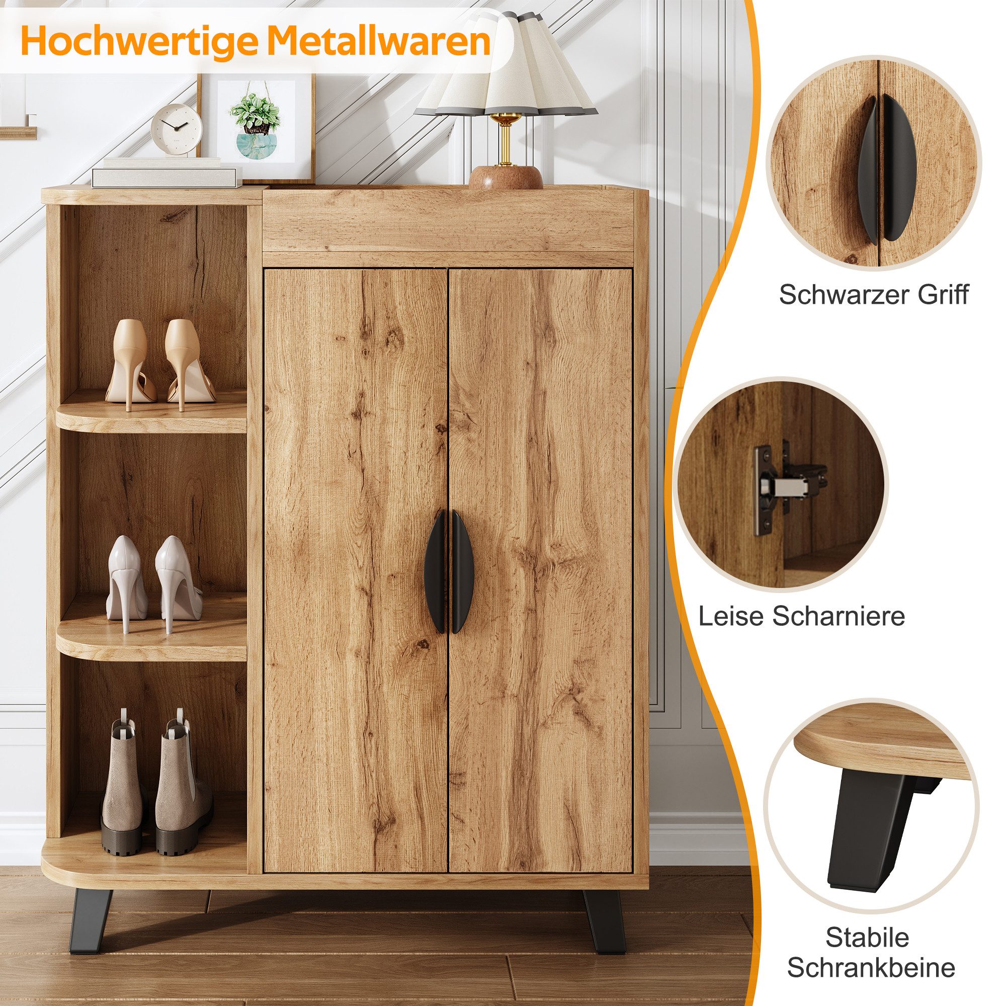 Yorbay Schuhschrank Zweitüriger Schuhmöbel mit oberem Ablagefach, schmaler Schuhmöbel (Set, 1er Set) Holzoptik,mit 3 offenen Regalböden 80x32x99cm(BxTxH)