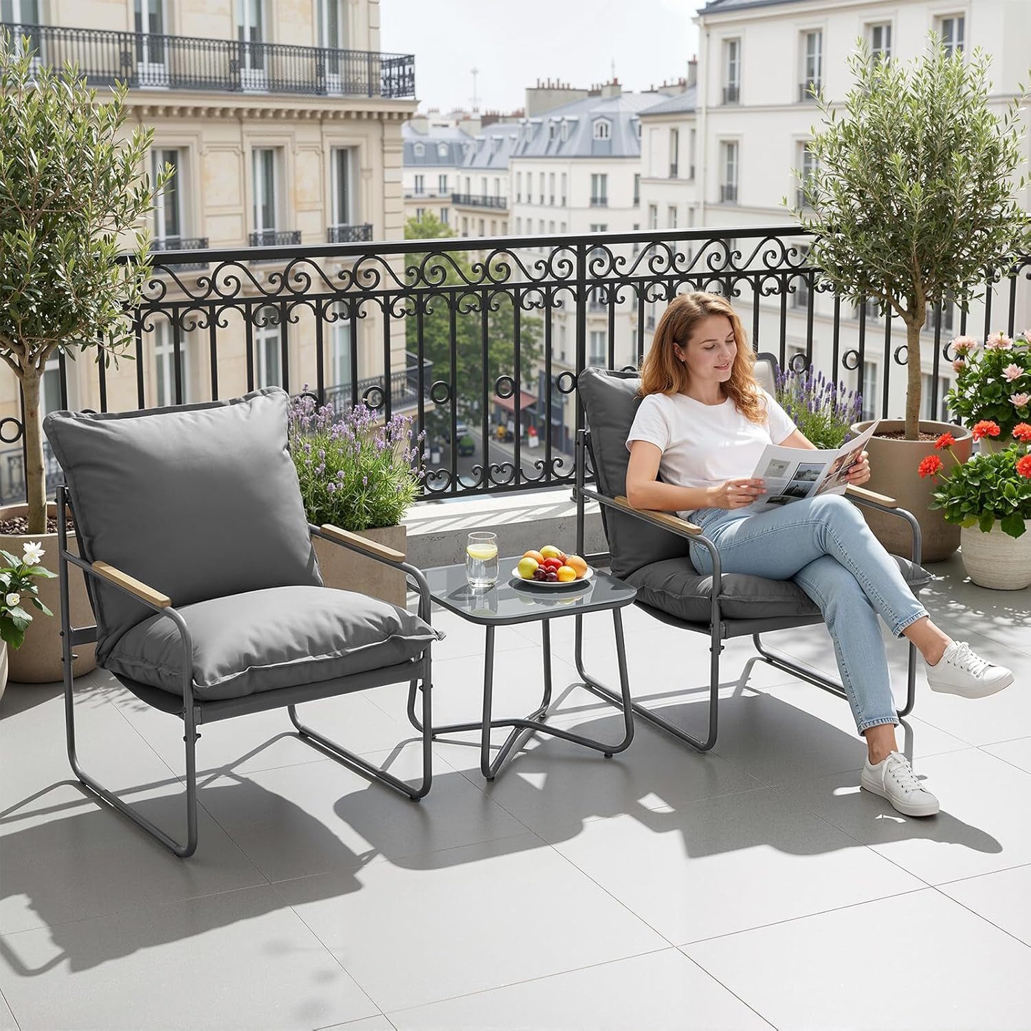 Woltu Gartenlounge-Set, (3-tlg), Gartenmöbel Set, 2 Sessel 1 Couchtisch, mit abnehmbaren Sitzkissen