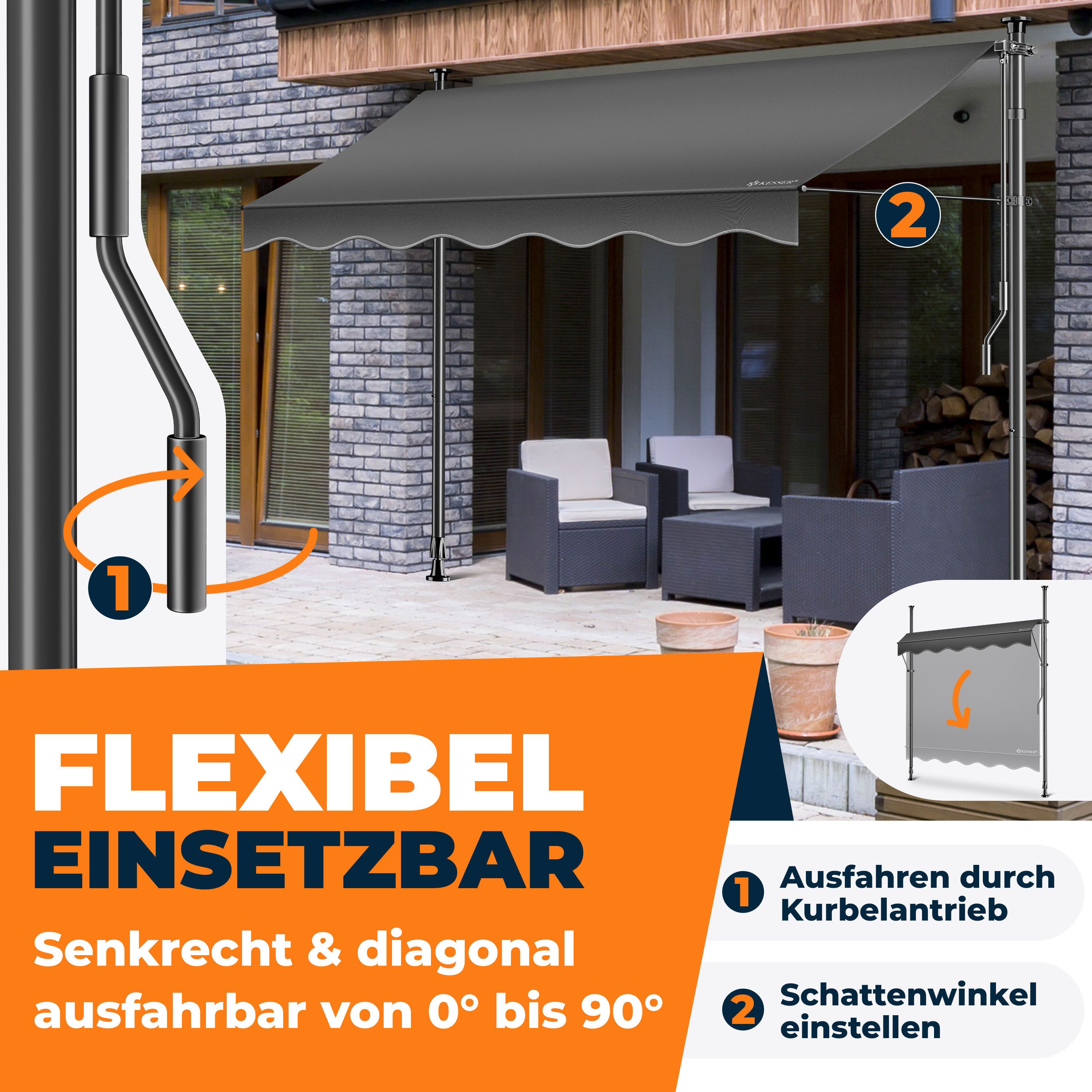KESSER Klemmmarkise mit Handkurbel für Terrasse, Balkon & Garten UV-beständig, höhenverstellbar und wasserabweisend