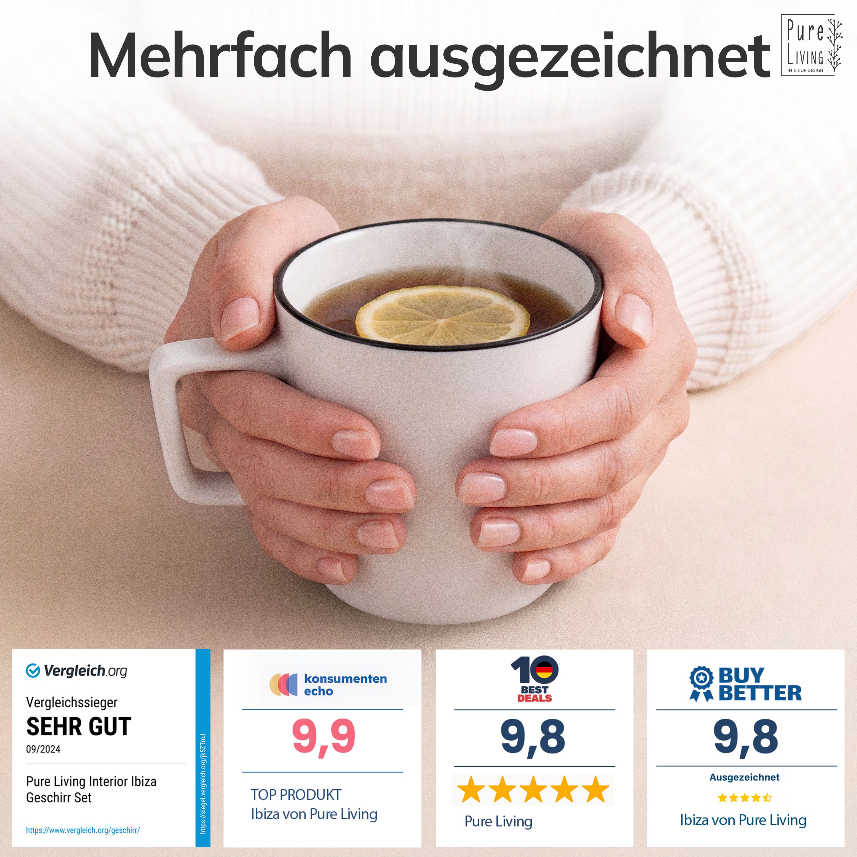 PURE LIVING INTERIOR DESIGN Geschirr-Set Scandi Becher, 6er-Set, 365 ml, Weiß - Schwarzer Rand, Porzellan (6-tlg), 6 Personen, Porzellan – Bild 3 von 5
