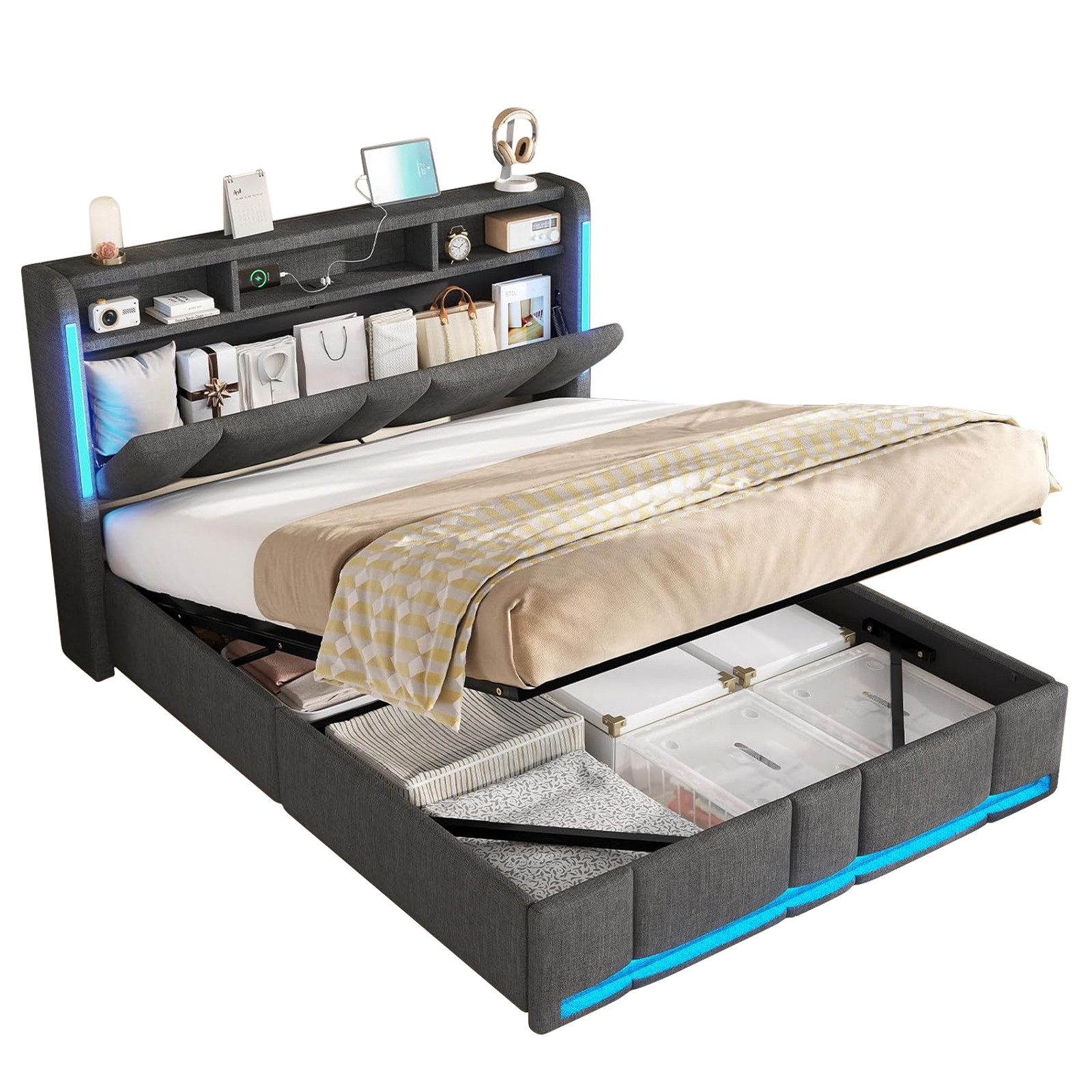 MSMASK Polsterbett Hydraulischem Stauraumbett mit LED Beleuchtung & Steckdo günstig online kaufen