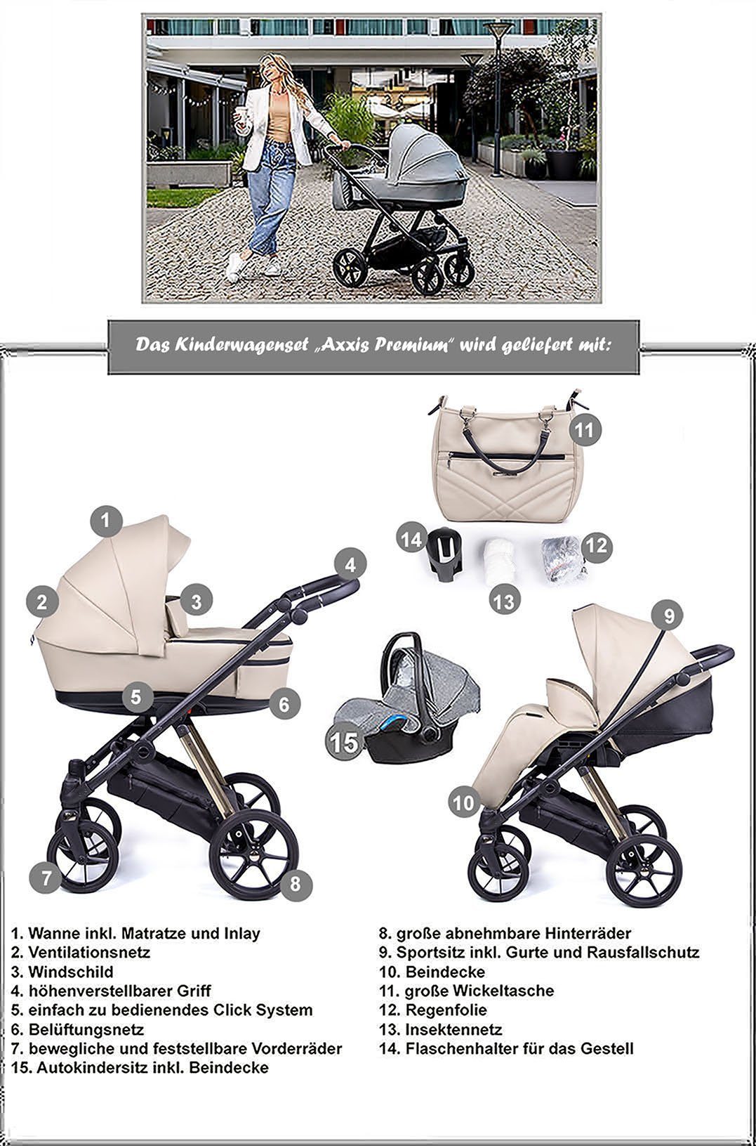 1 in Teile babies-on-wheels - Kinderwagen-Set Premium Designs 12 Braun 3 Axxis in - 15 schwarz Gestell = Kombi-Kinderwagen