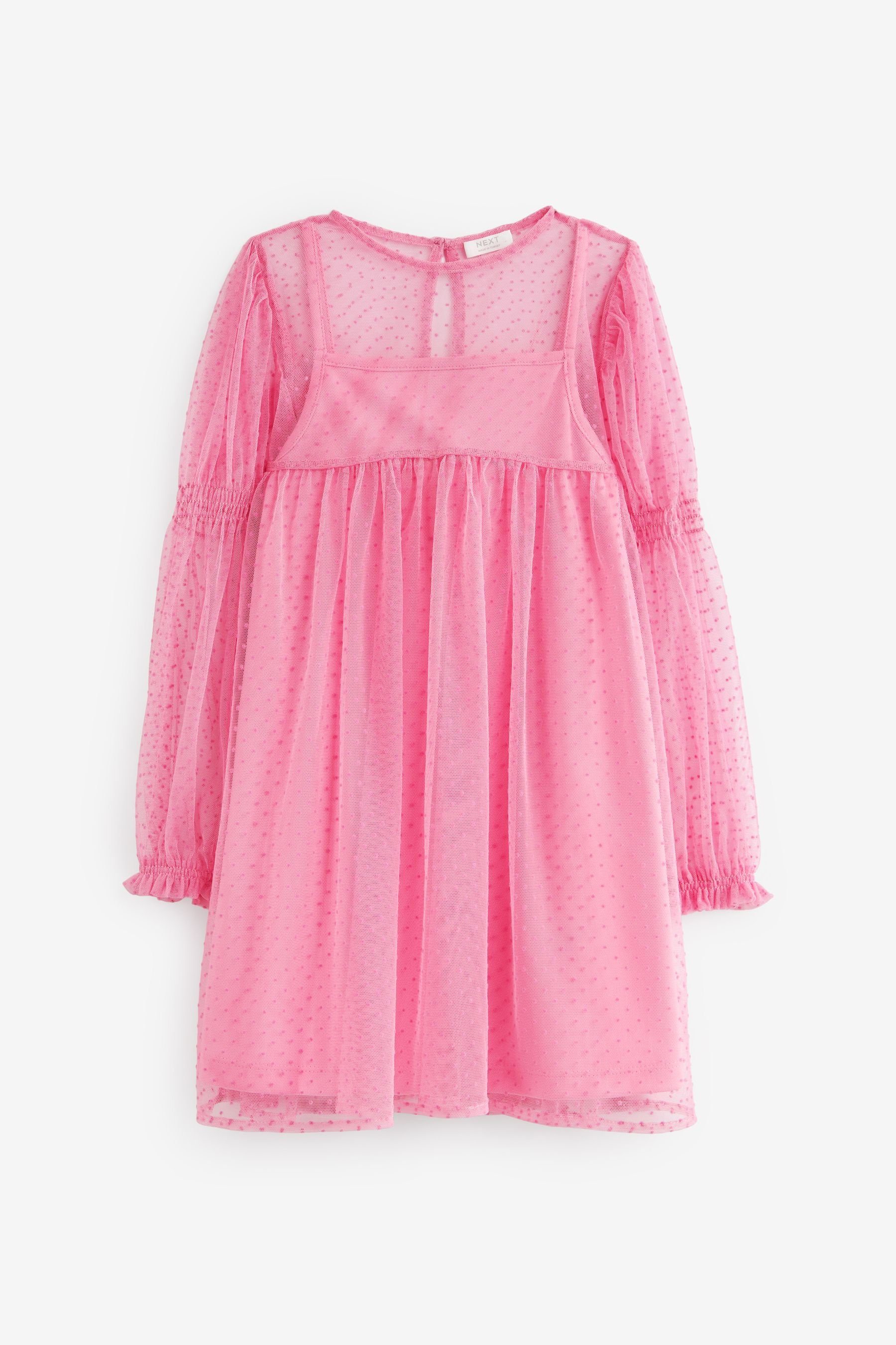 Next Partykleid Gesmoktes Mesh-Kleid (2-tlg) Pink