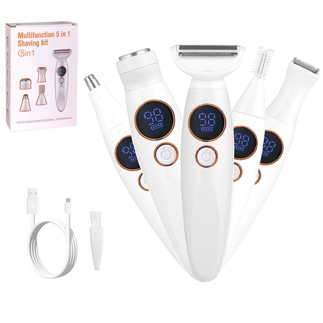 POPOLIC Epilierer Multifunktionaler Elektrorasierer 5-in-1 – Austauschbare Aufsätze, für Körper, Nase & Augenbrauen, IPX7 wasserdicht, USB-Aufladung, Digitalanzeige, Weiß