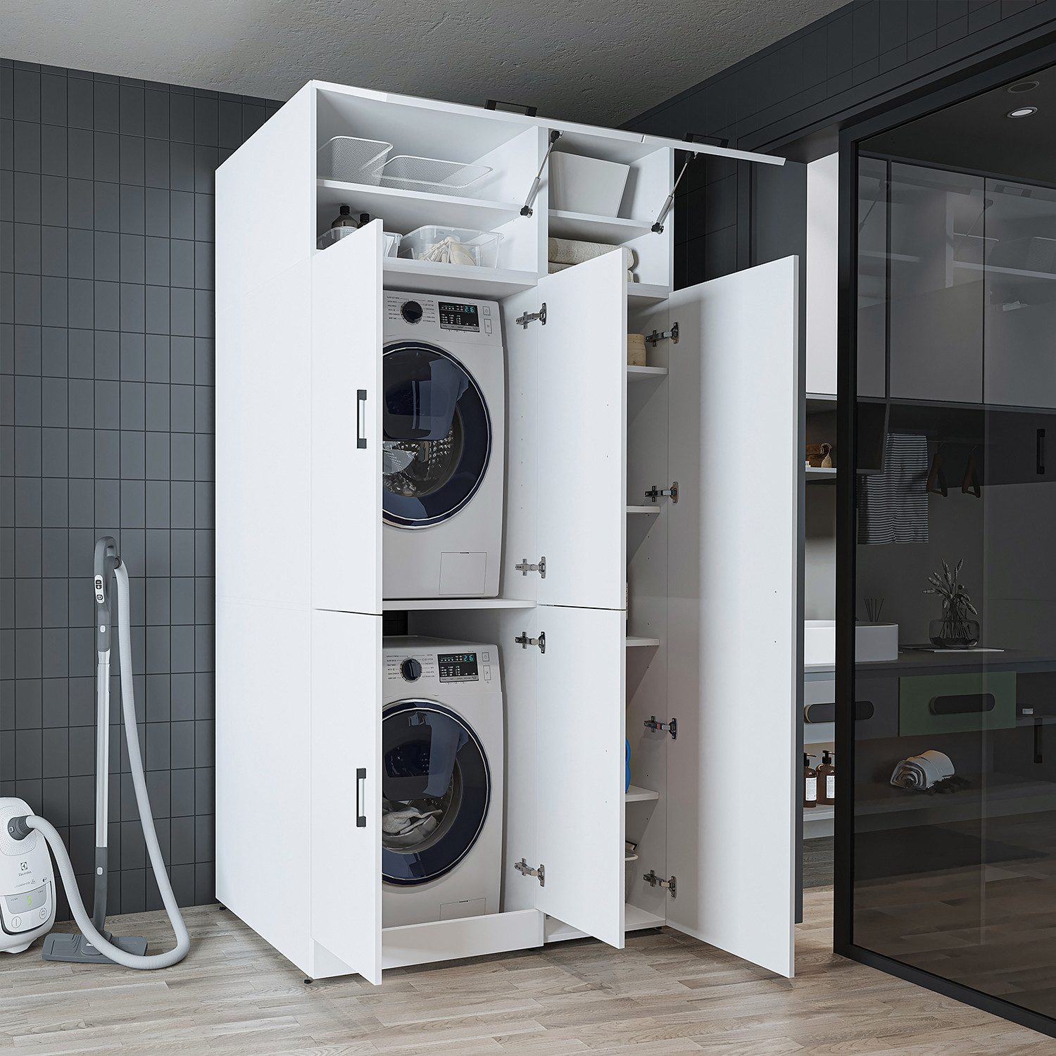 Roomart Waschmaschinenumbauschrank DORA 115 cm Waschmaschinenschrank + Hochschrank, 2 Höhen, in 5 Farben (für Waschmaschine & Trockner mit Regalboden, Waschmaschinenschrank mit Hochschrank – 2 Höhen, 2 Regalboden-Optionen) 130 kg Belastbarkeit, Hochschrank links/rechts, in 5 Farben, 2 Höhen