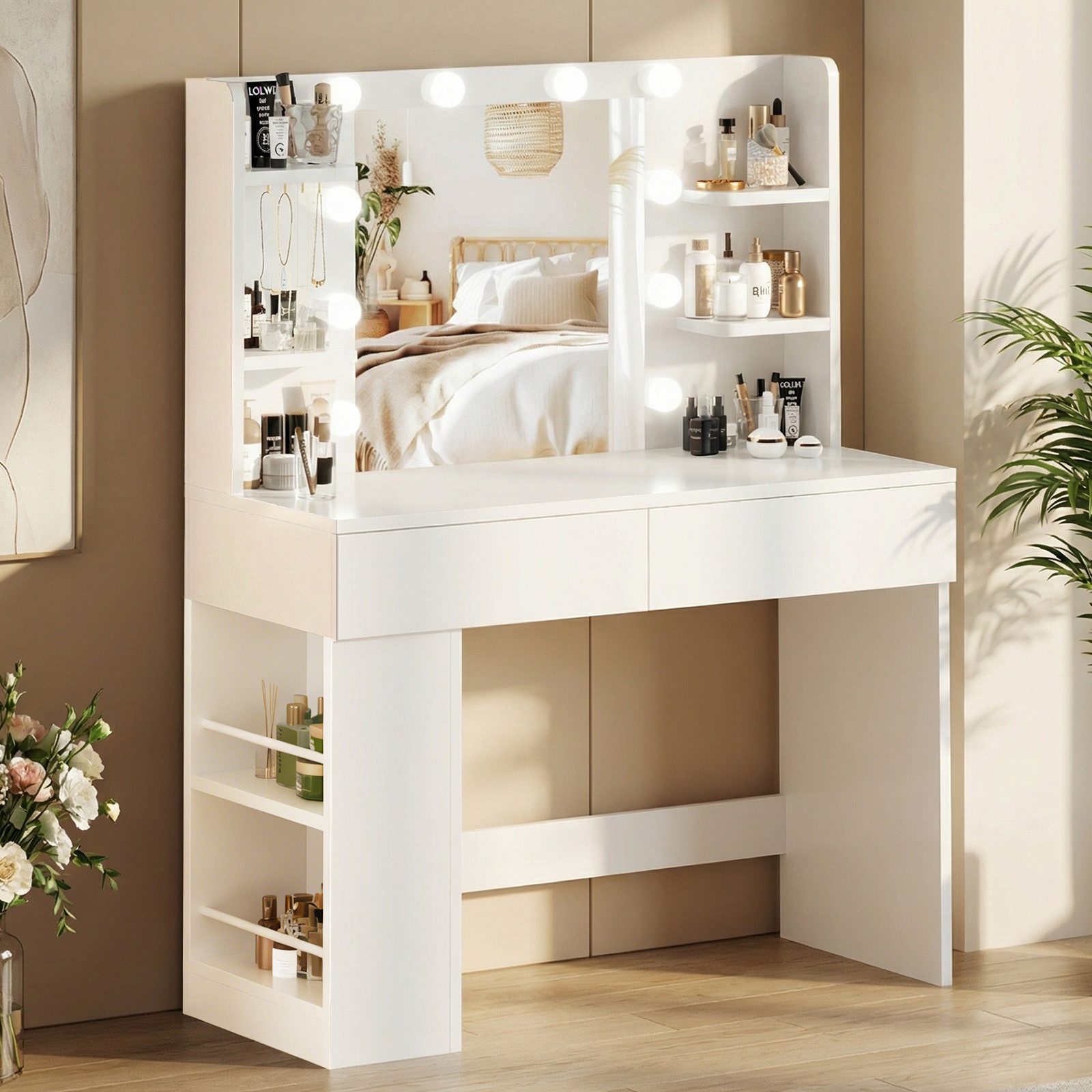 HOMALL Schminktisch Mit dreifarbiger LED-Beleuchtung, Helligkeit einstellbar (Länge × Breite × Höhe) 90 × 40 × 137 cm, mit Steckdose und 2 USB-Anschlüssen, seitliche Schränke links und rechts austauschbar, 8 offene Ablagefächer, 2 Schubladen, 4 Schmuckhaken)