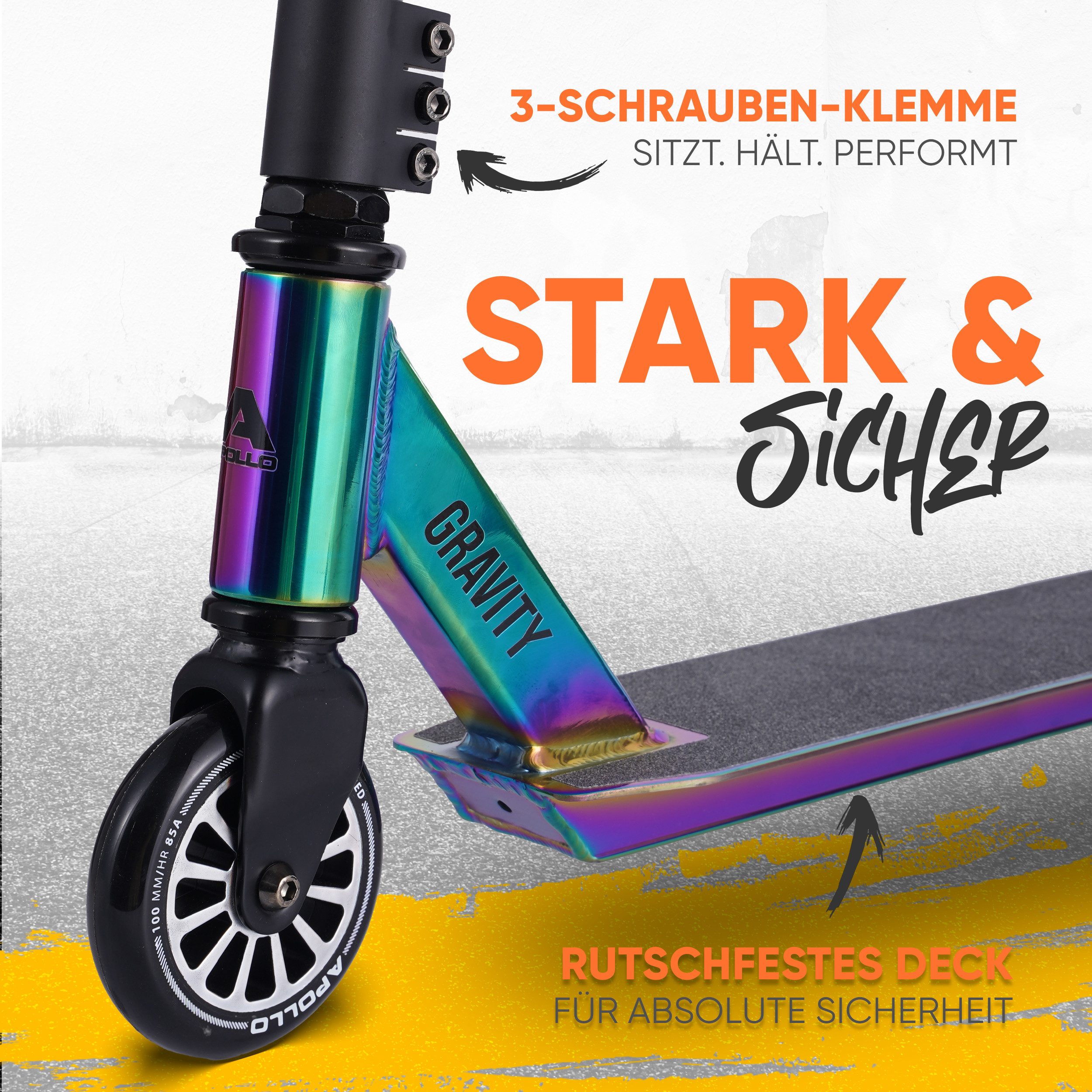 Apollo Stuntscooter Gravity - Fun-Kickscooter für Kinder und Teenager, Hohe Belastbarkeit (bis 100kg) und einfaches Handling.