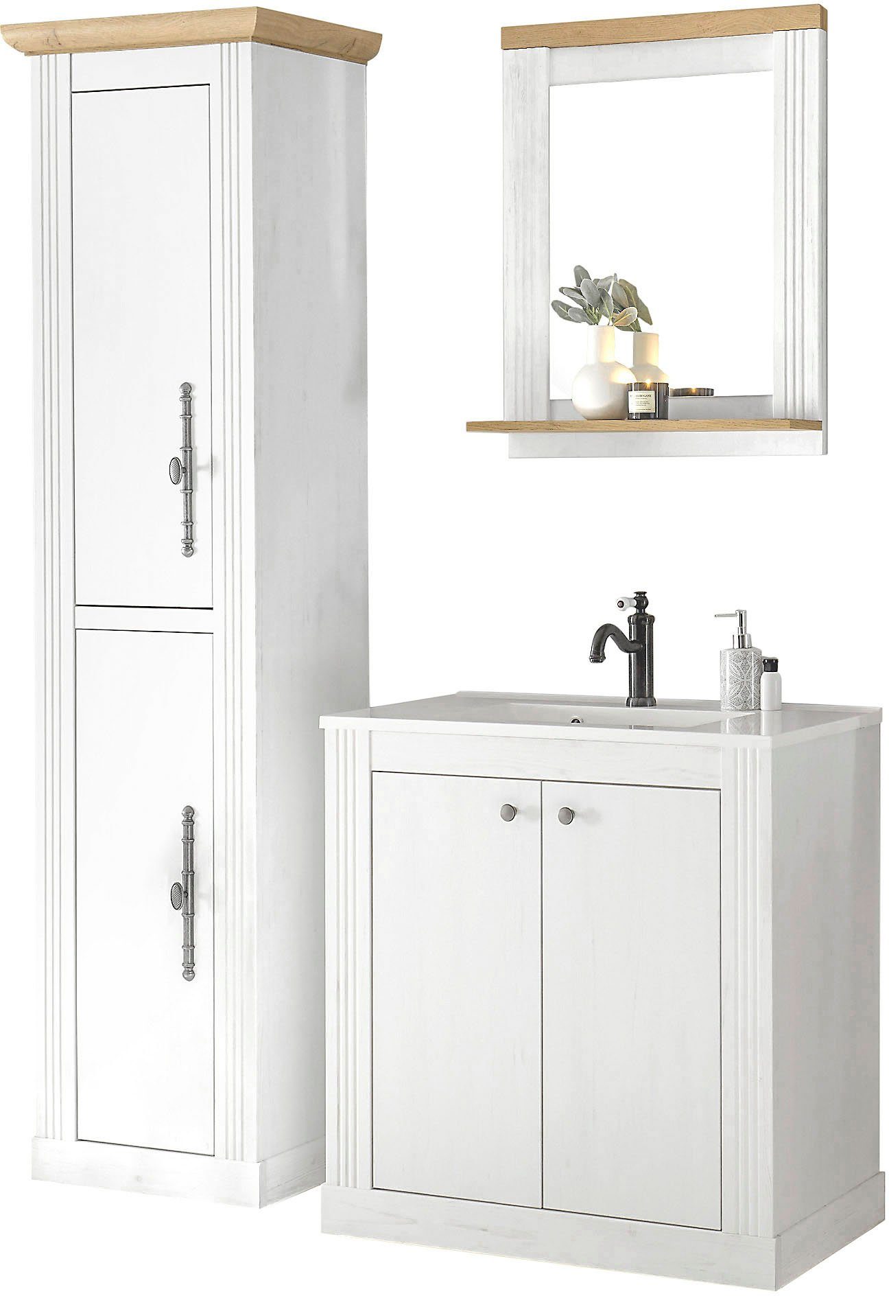 OTTO home Badmöbel-Set WESTMINSTER, Bad im Landhausstil, 3-teiliges Badezimmer, (3-St), Waschtisch, Spiegel, Hochschrank, in 2 Farben verfügbar, Breite 150 cm