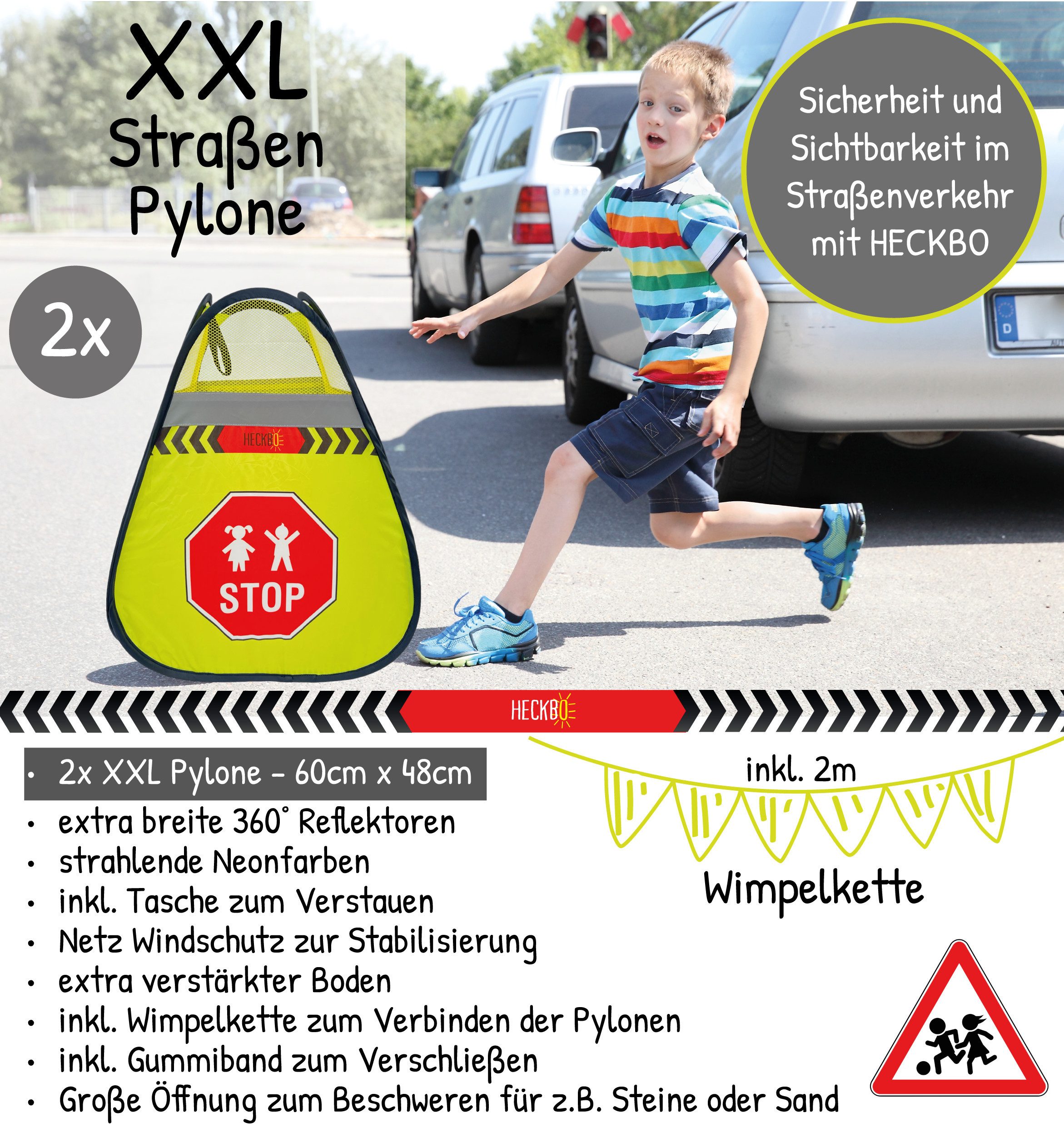 HECKBO Warnschild 2x Straßenwarnschild Achtung Kinder Schild spielende + Wimpelkette