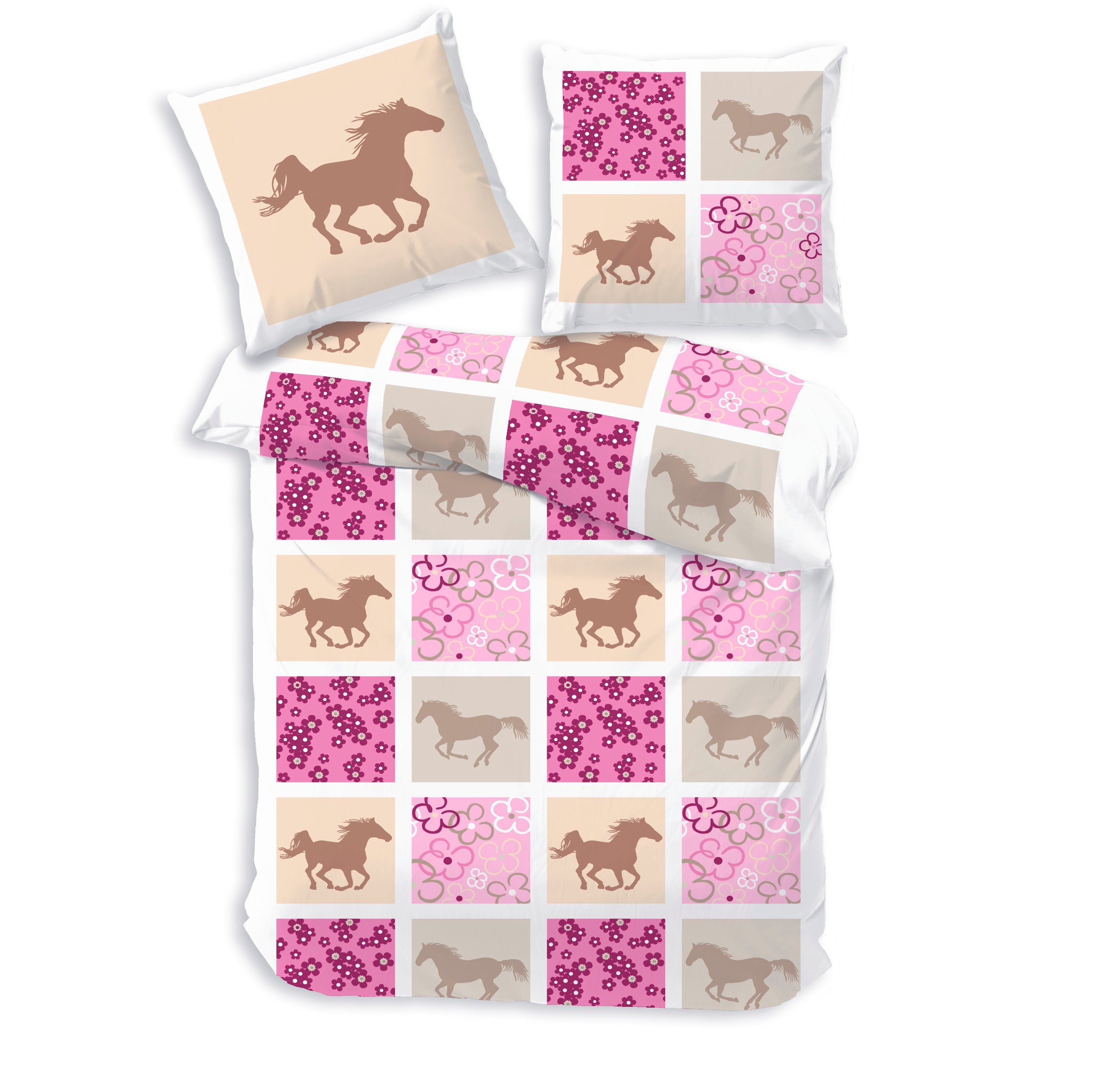 Träumschön Bettwäsche Premium Set aus Baumwolle 135x200 cm, Kinderbettwäsche Karo Pferd rosa, Baumwolle, 2 teilig, mit Reißverschluss, luftig und leichte Sommerbettwäsche für Kinder