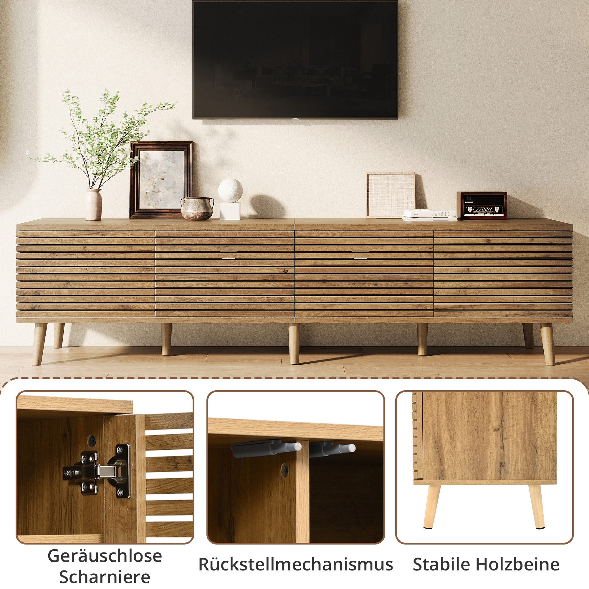 Merax Lowboard mit 4 Türen im Zaun-Design, 6 Staufächern & Stauraum (Fernsehtisch aus MDF und Spanplatte in Holzoptik, 1 St), TV-Schrank mit Kabeldurchführung & – Bild 5 von 5
