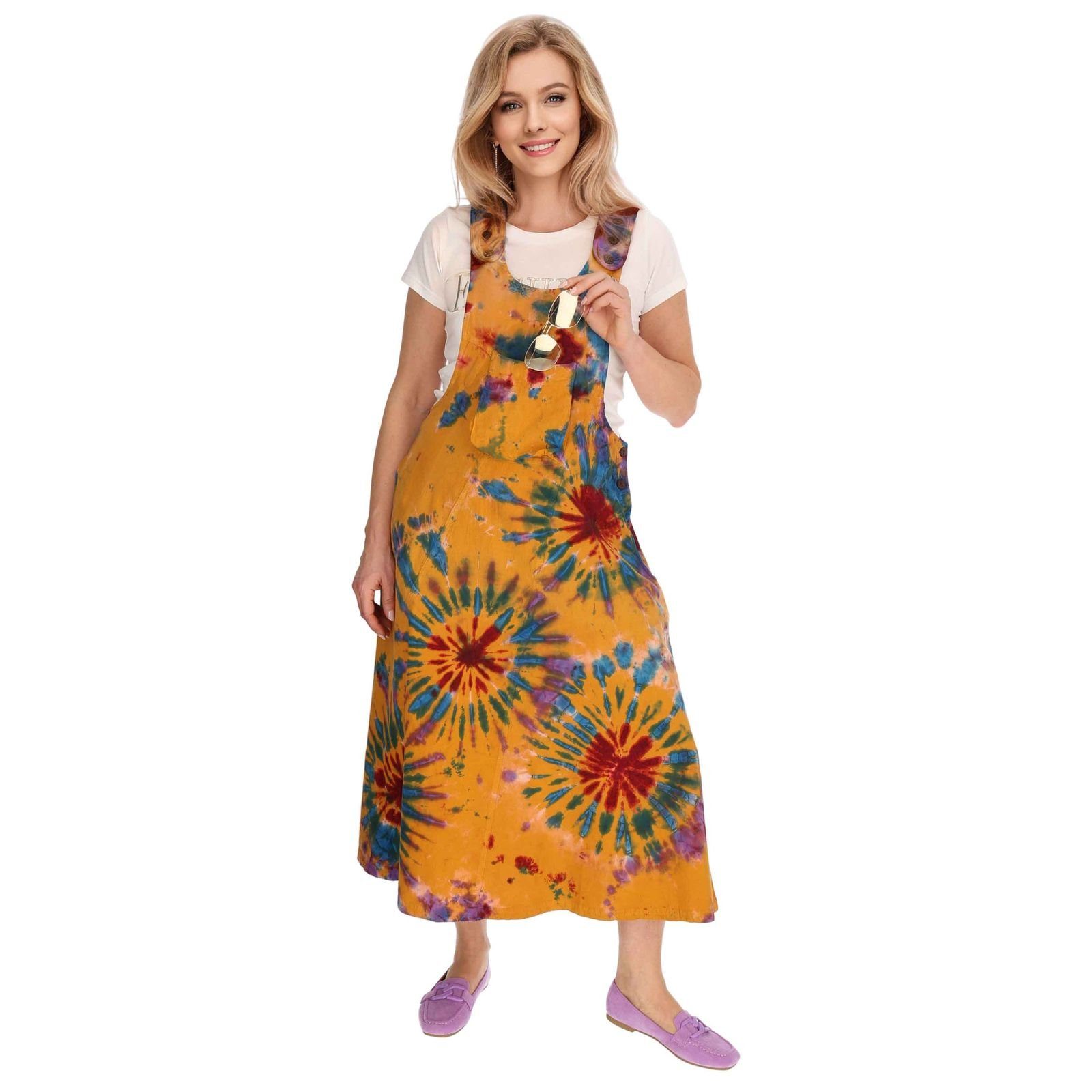 70er Overall Boho Hippie Orange Latzhose Latzkleid KUNST Sommerkleid bunt Dy MAGIE Tie Batik UND Ibiza