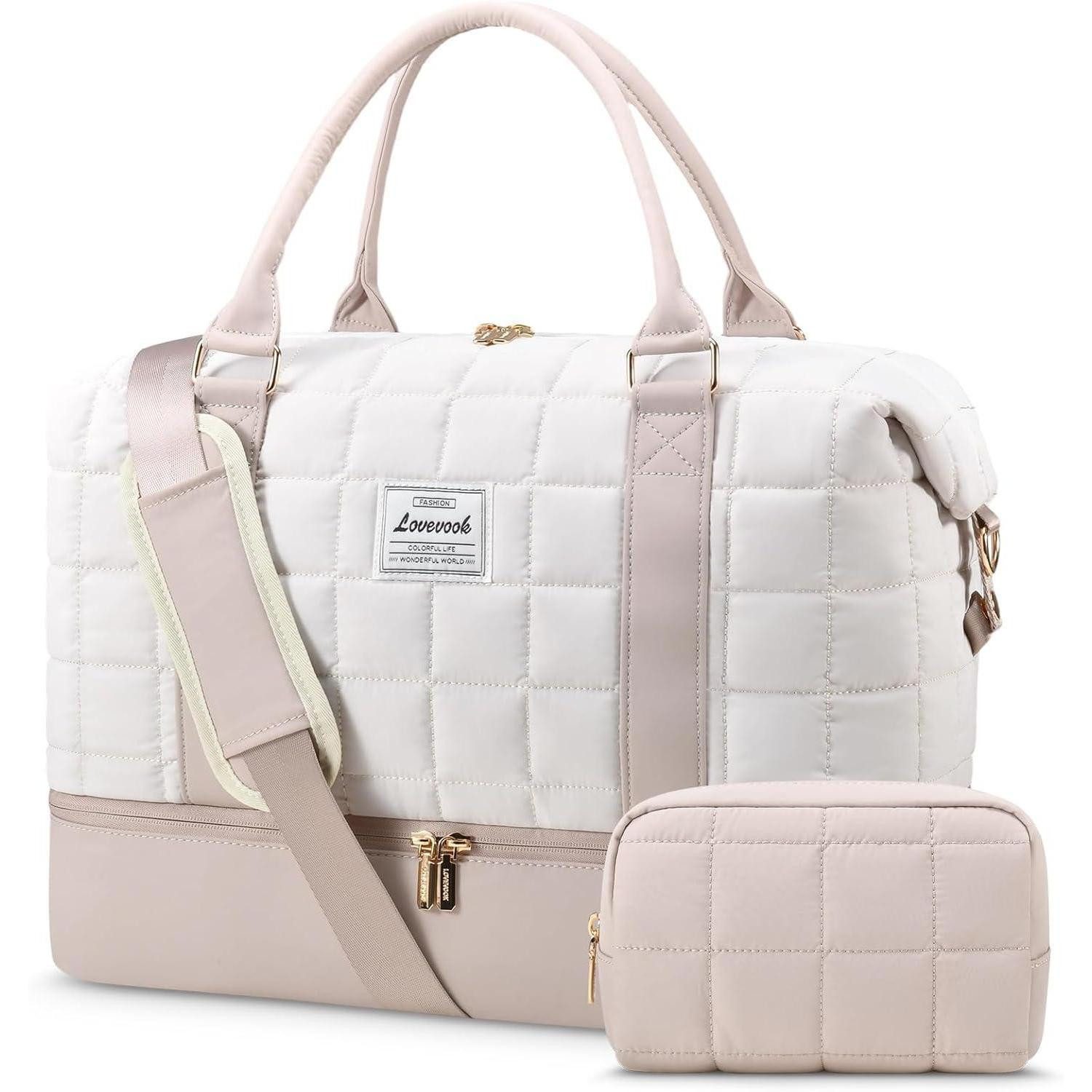 LuxusKollektion Weekender Reisetasche Damen Weekender Handgepäck Schuhfach M Beige+hellrosa