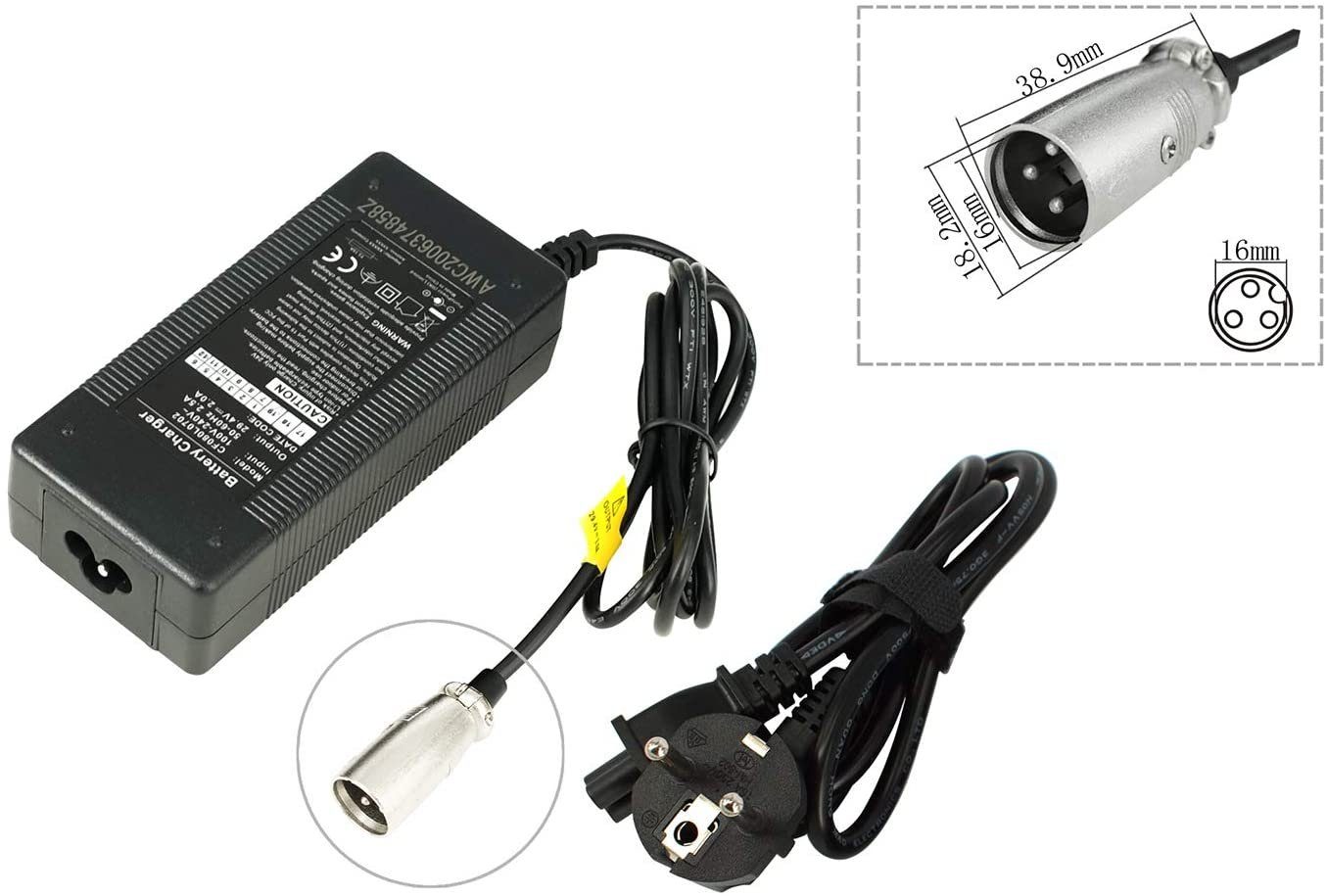 PowerSmart CZF060720E.003 Batterie-Ladegerät (24V 2A für Decathlon Elektrofahrrad Elops 500, Original E oder Tilt E (29,40V Ausgang, 3-PIN XLR)