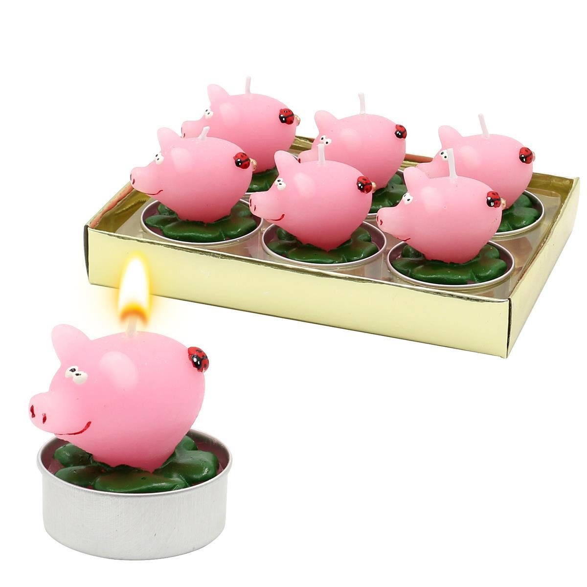 Dekohelden24 Teelicht Teelicht Glücksschweine - Schweinchen als 6er Set, Maße je Schwein 4 x 5 x 4 cm