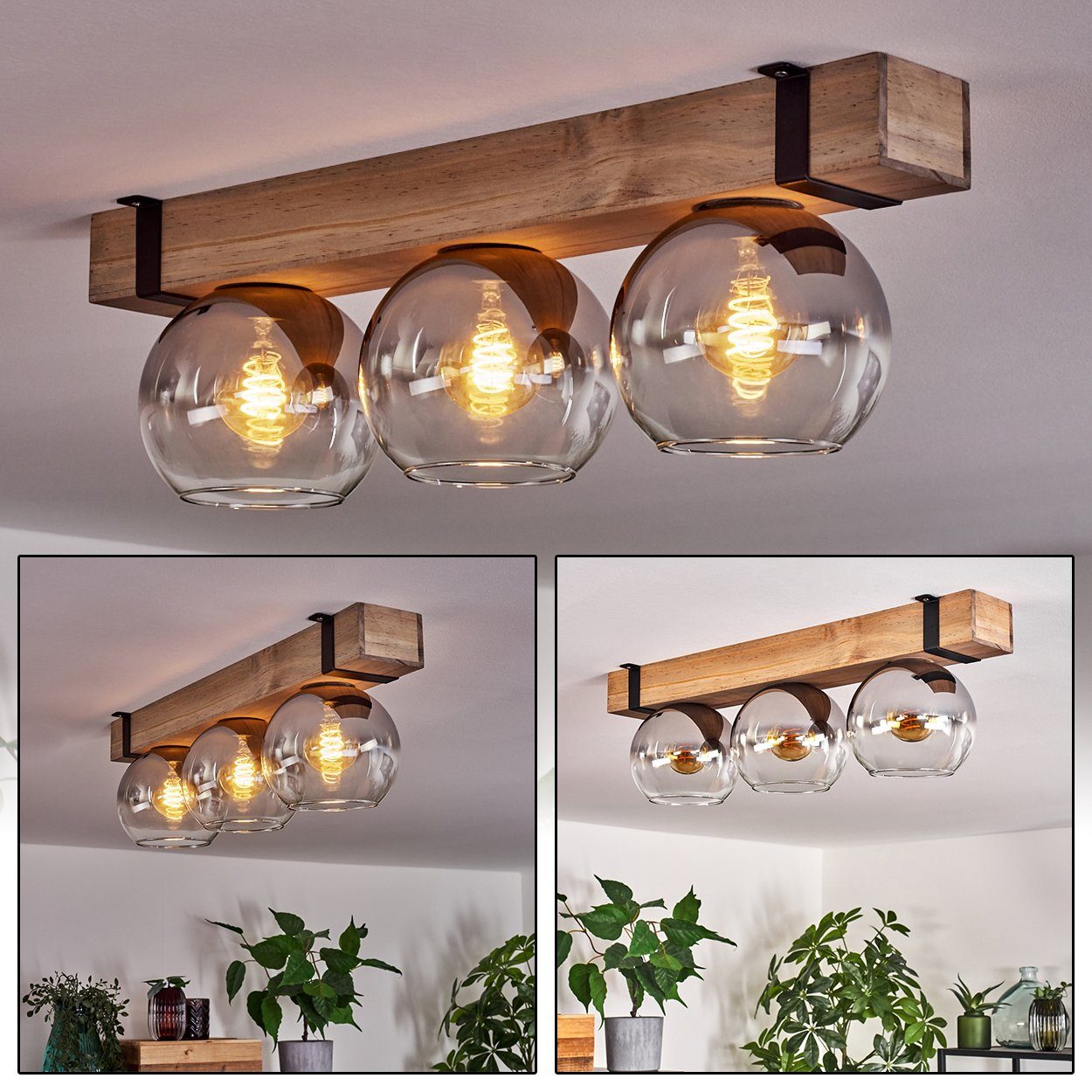 hofstein Deckenleuchte Deckenlampe aus Metall/Holz/Glas in Schwarz/Natur/Ch günstig online kaufen