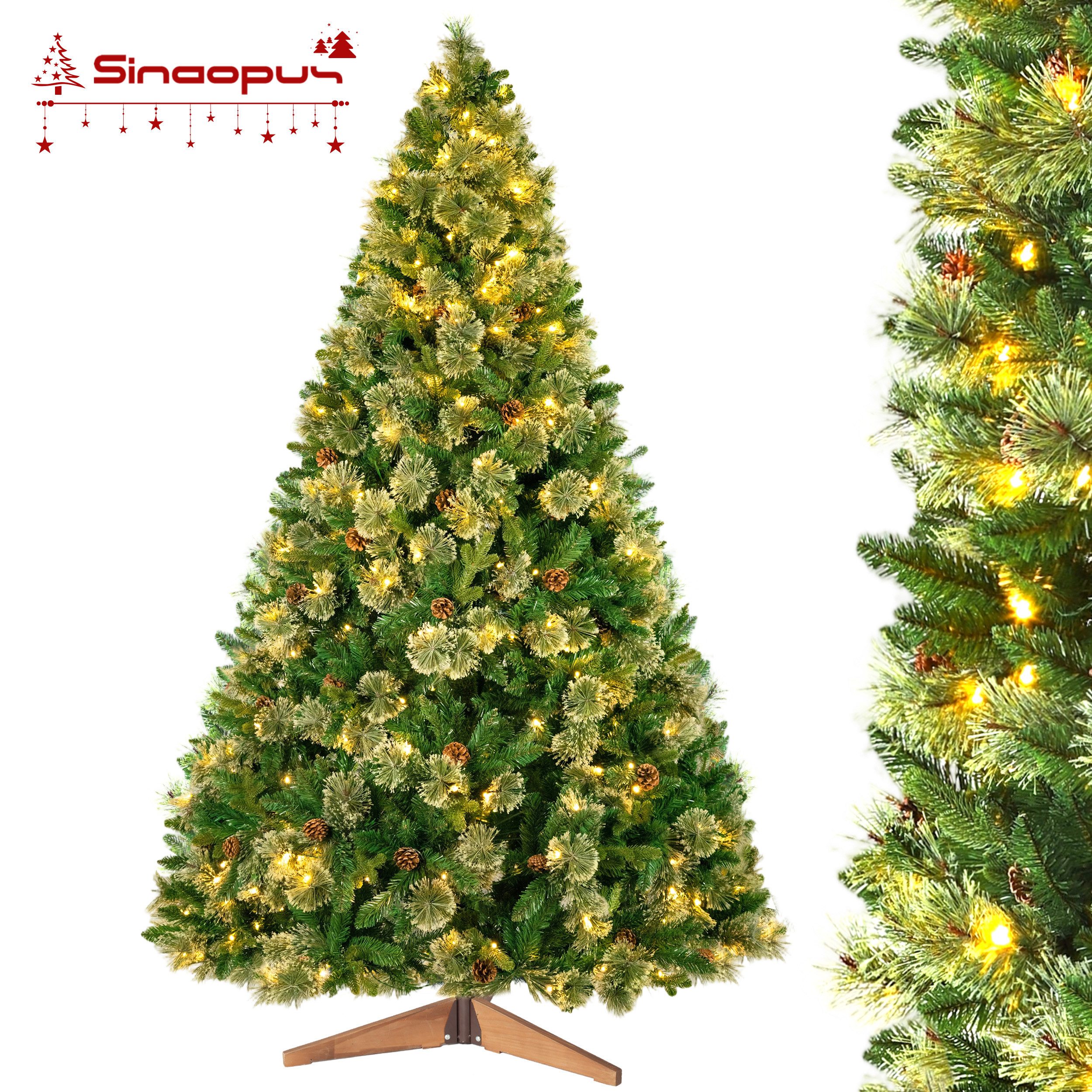 Sinaopus Künstlicher Weihnachtsbaum mit Beleuchtung, 210cm Tannenbaum mit Tannenzapfen, Weihnachtsdeko, Tannenbaum künstlich, Christbaum, 1500 Spitzen, PVC+PE Material, Holzständer, 330 Lichter Warmgelb, 8 Lichtmodi, einfach Aufbau, Wiederverwendbar