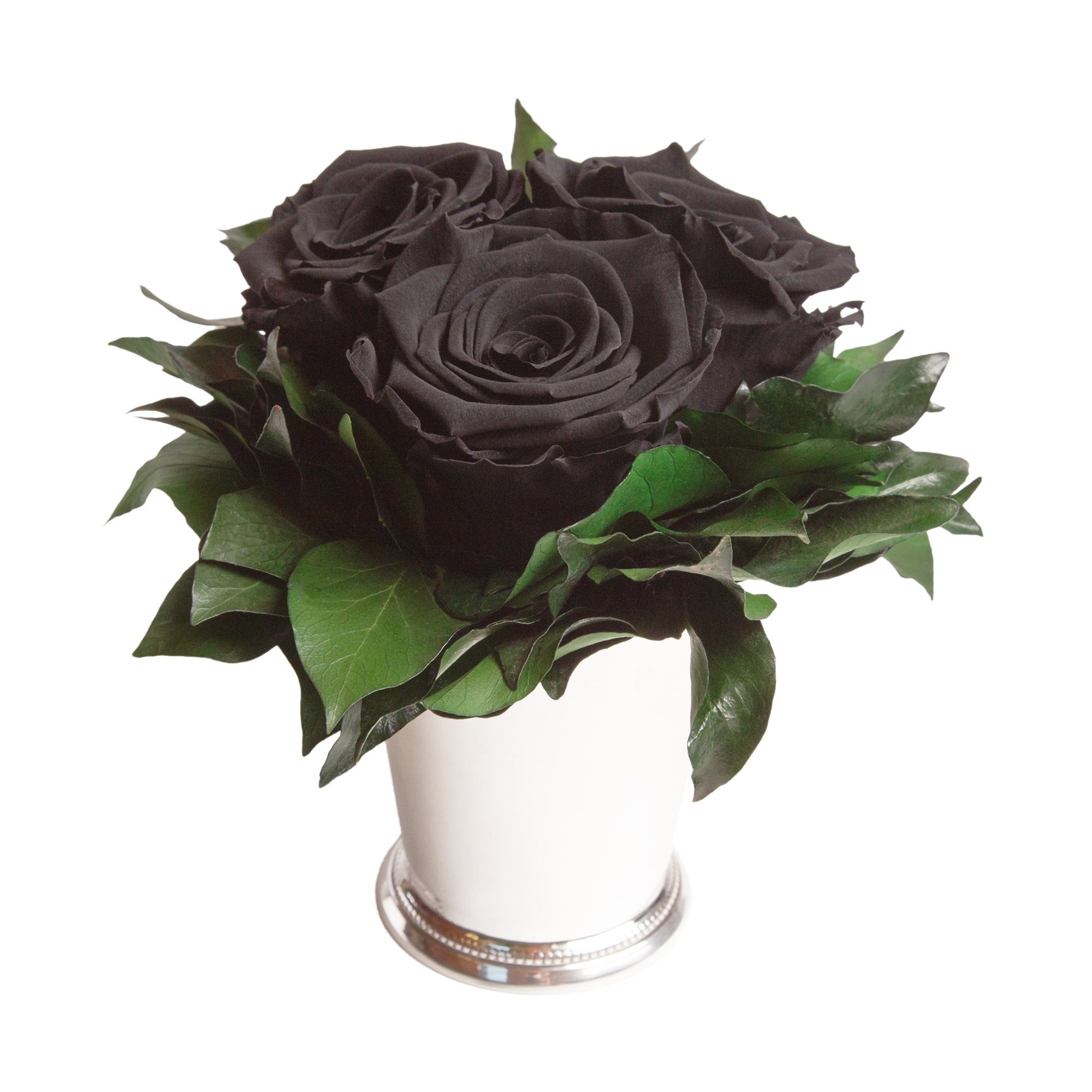 Kunstblume Blumengesteck 3 Infinity Rosen silberfarbene Vase Blumenstrauß Rose, ROSEMARIE SCHULZ Heidelberg, Höhe 15 cm, Rose haltbar bis zu 3 Jahre, Made in Germany
