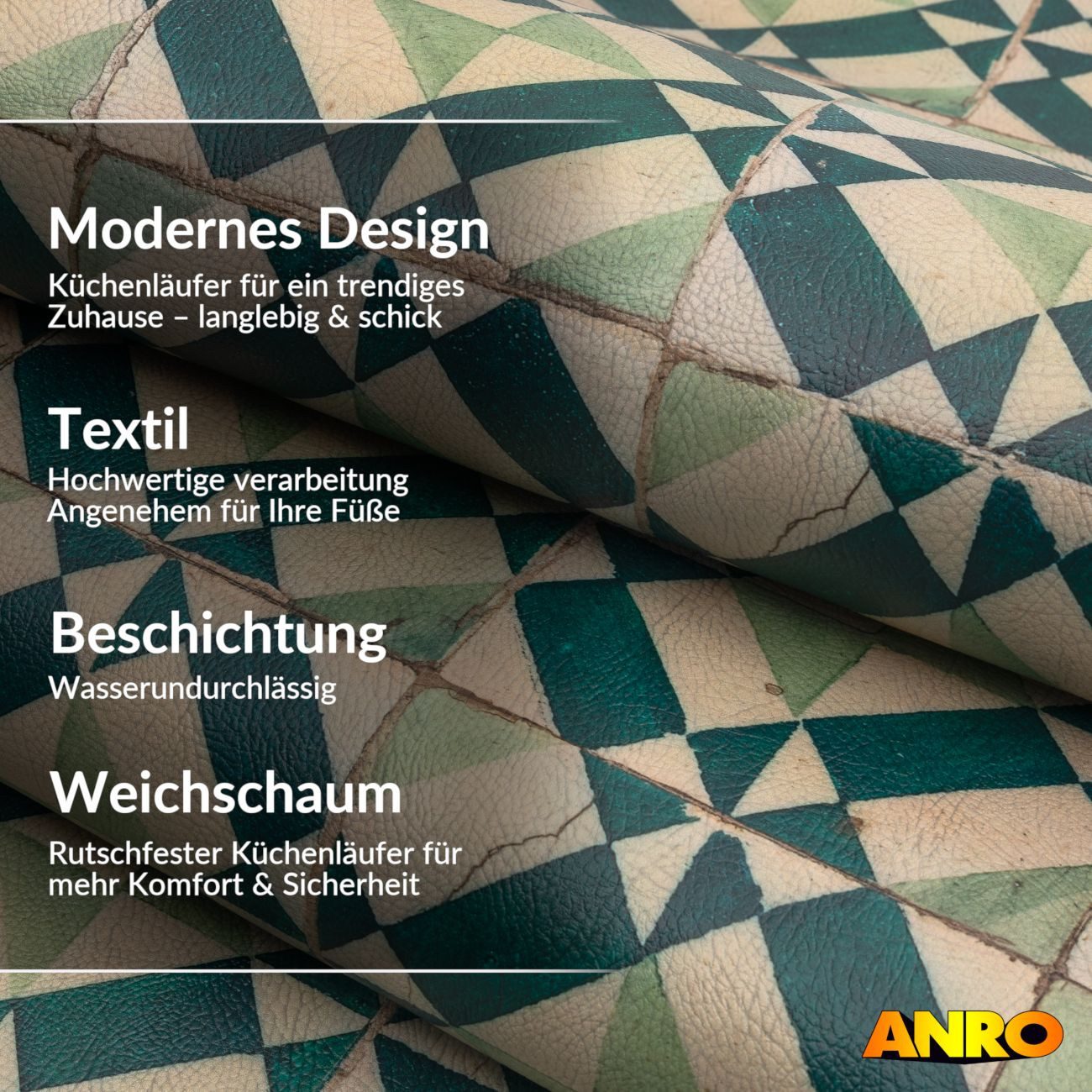 ANRO Küchenläufer abwaschbar Azulejo LADY Läufer pflegeleicht Küchenteppich, Rechteckig, Höhe: 3 mm, robust schmutzabweisend 67x100cm Rustikal Grün robust